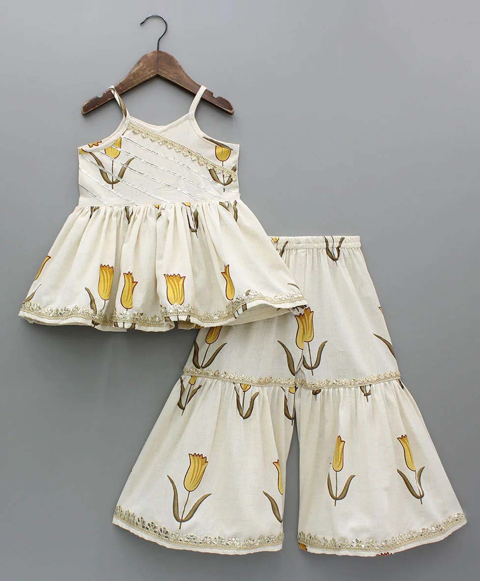 Bolly Lounge Cotton Blend Woven Sleeveless Floral Printed Kurti & Sharara Set - Yellow-image-27