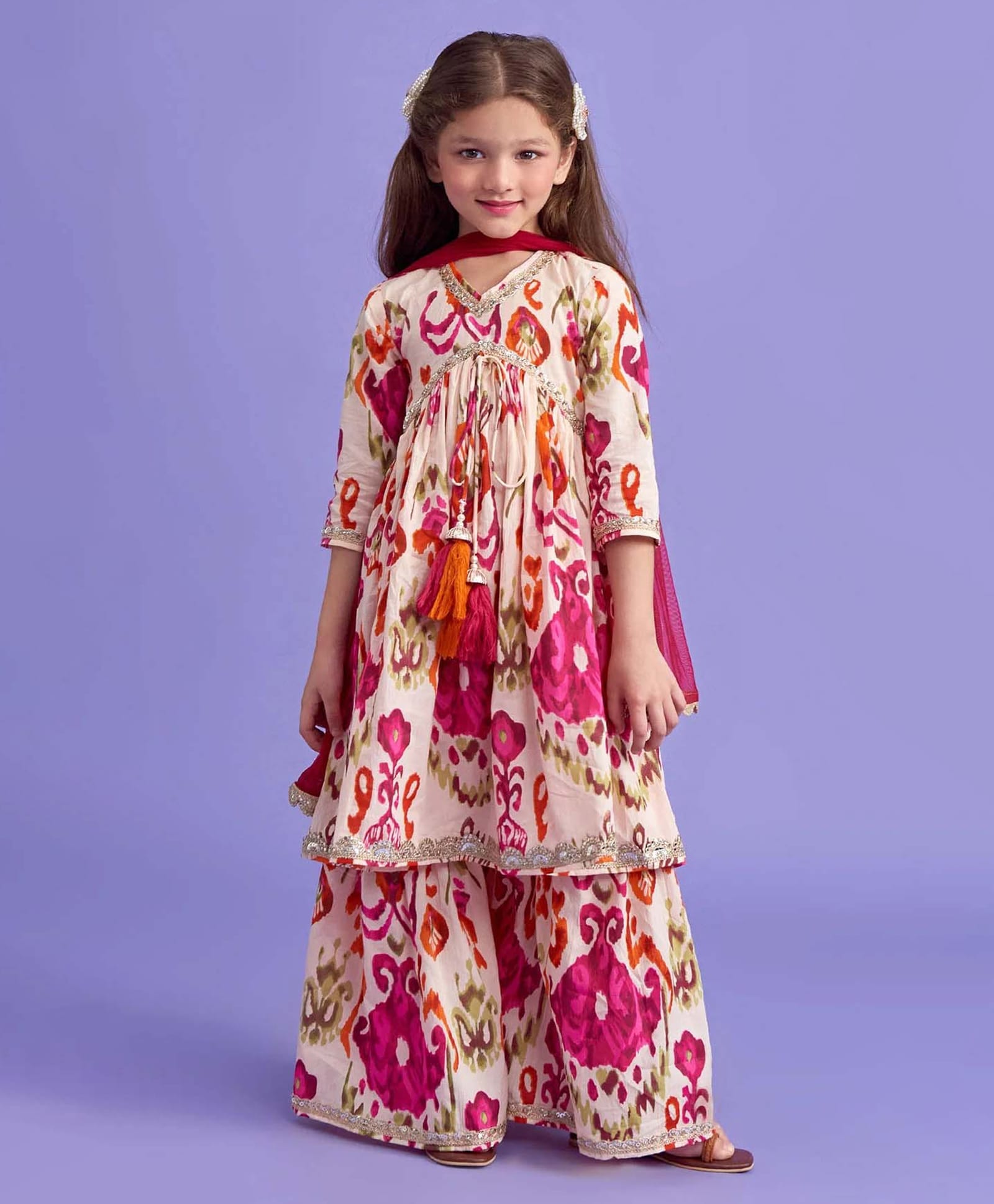 Bolly Lounge Cotton Blend Woven Three Fourth Sleeves Abstract Printed Kurti & Sharara With Dupatta Set - Pink-image-5