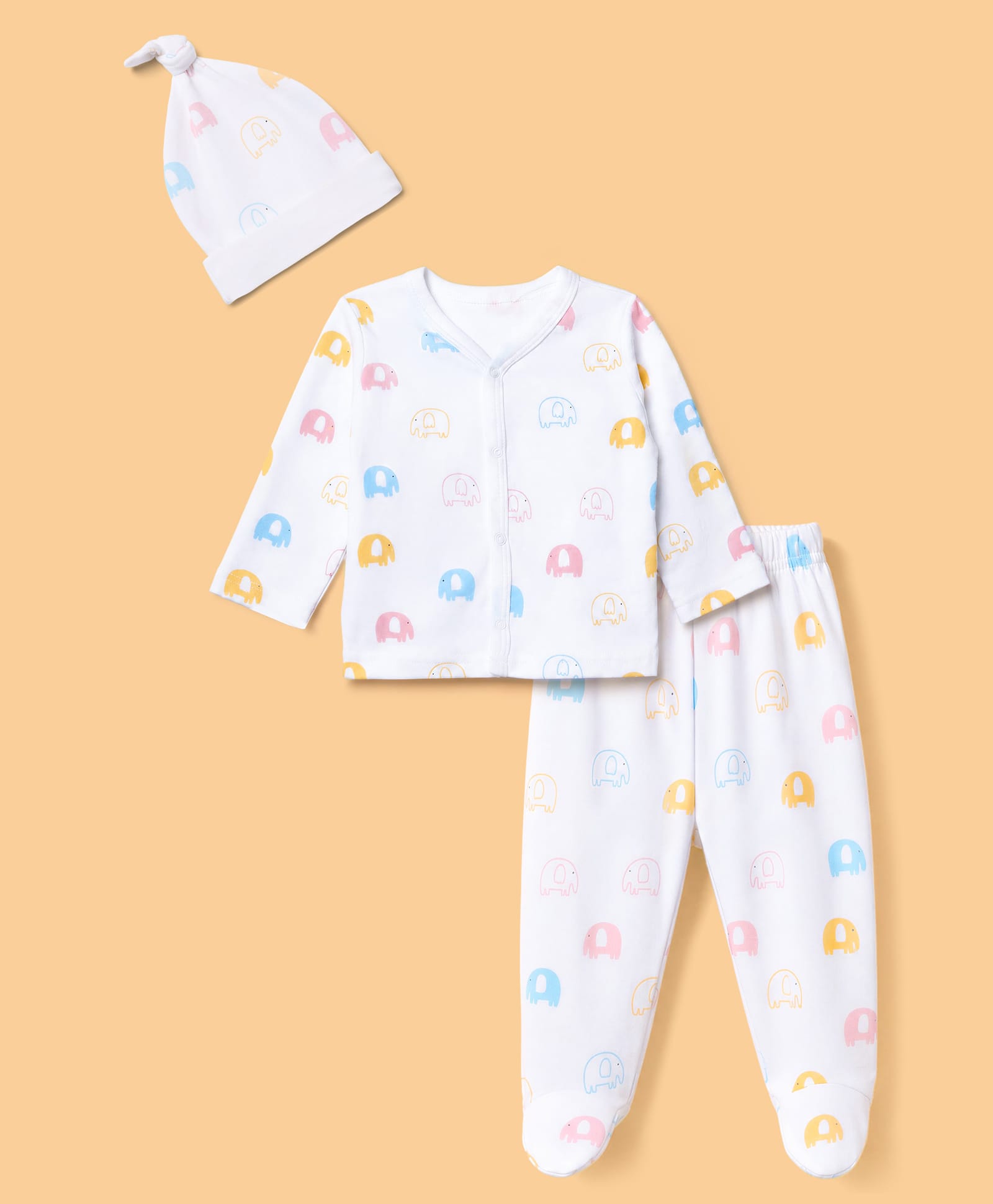 Doodle Poodle 100% Cotton Interlock Knit Full Sleeves Co-Ords Elephant Printed Top & Pyjama Night Suit with Cap - White-image-17
