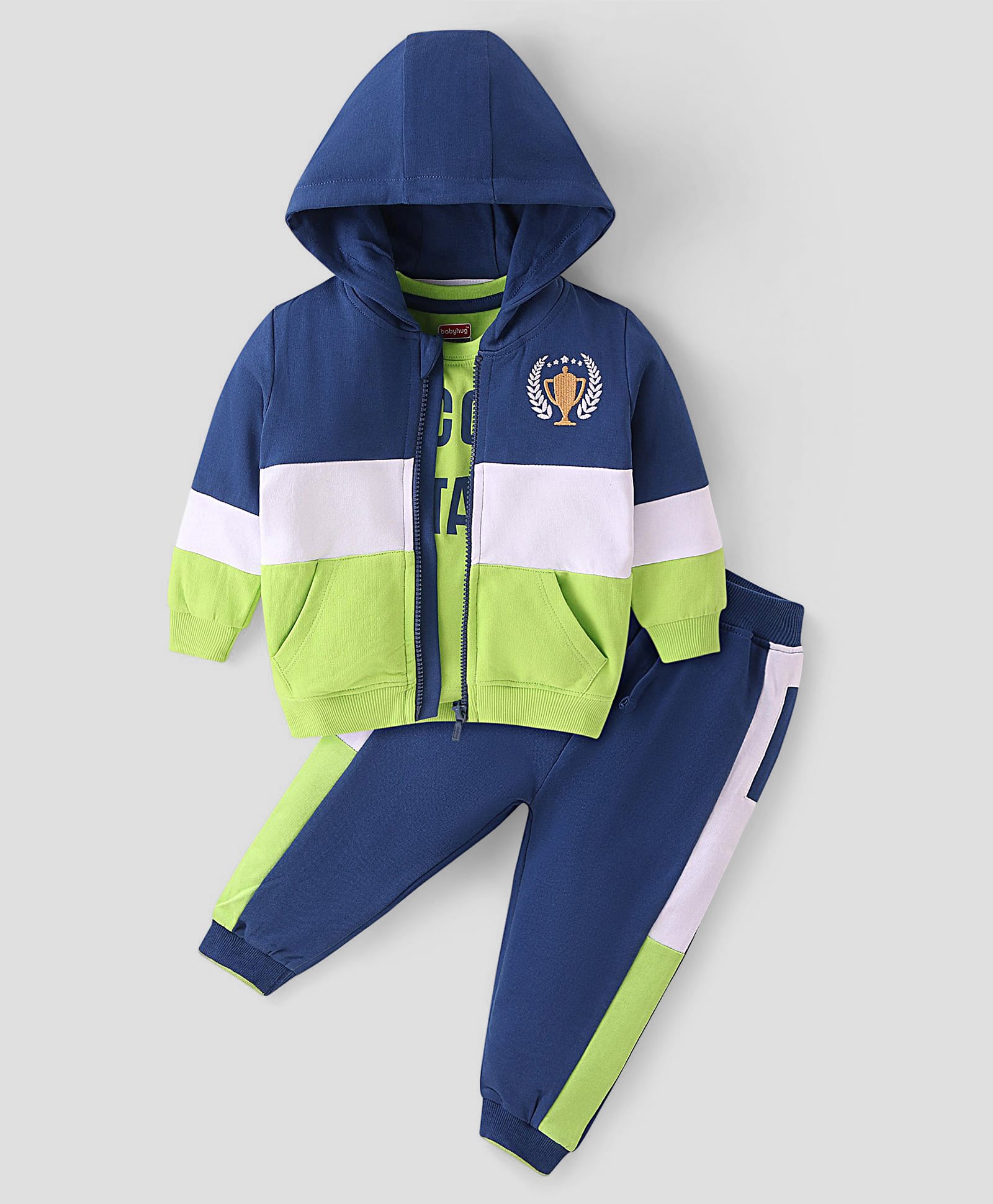 Babyhug Terry Knit T-Shirt & Joggers Set With Full Sleeves Hooded Jacket - Blue-image-22