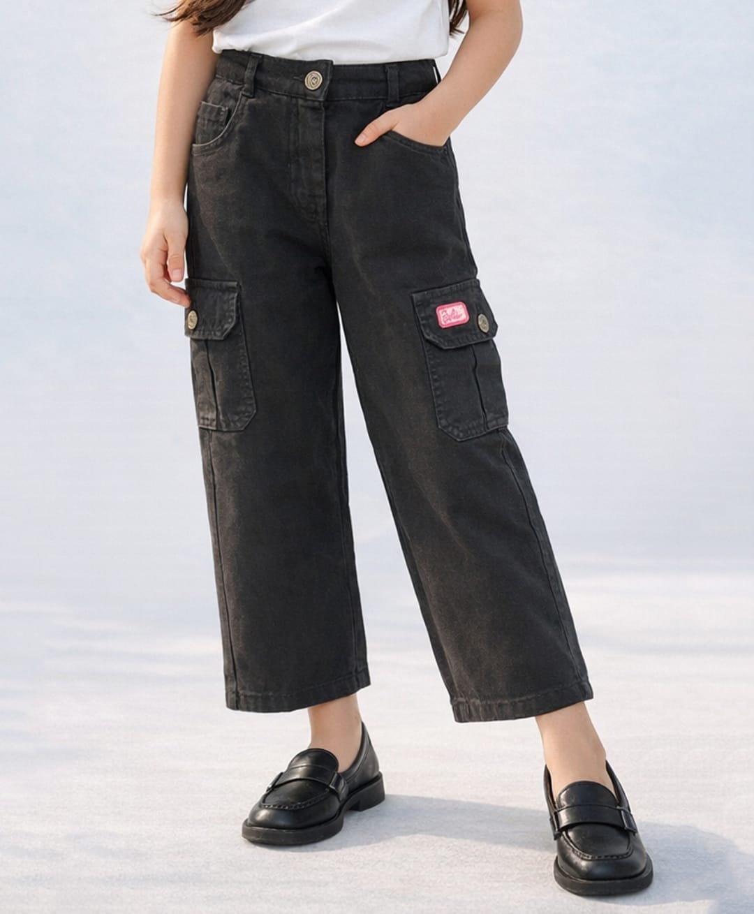 Barbie by Tiny Girl Cotton Woven Mattel Featuring Barbie Patch Detailed Cargo Jeans - Black-picture-14