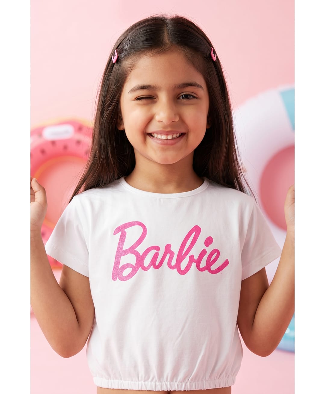 Barbie by Tiny Girl Woven Mattel Featuring Half Sleeves Barbie Text Printed Top - White-picture-22