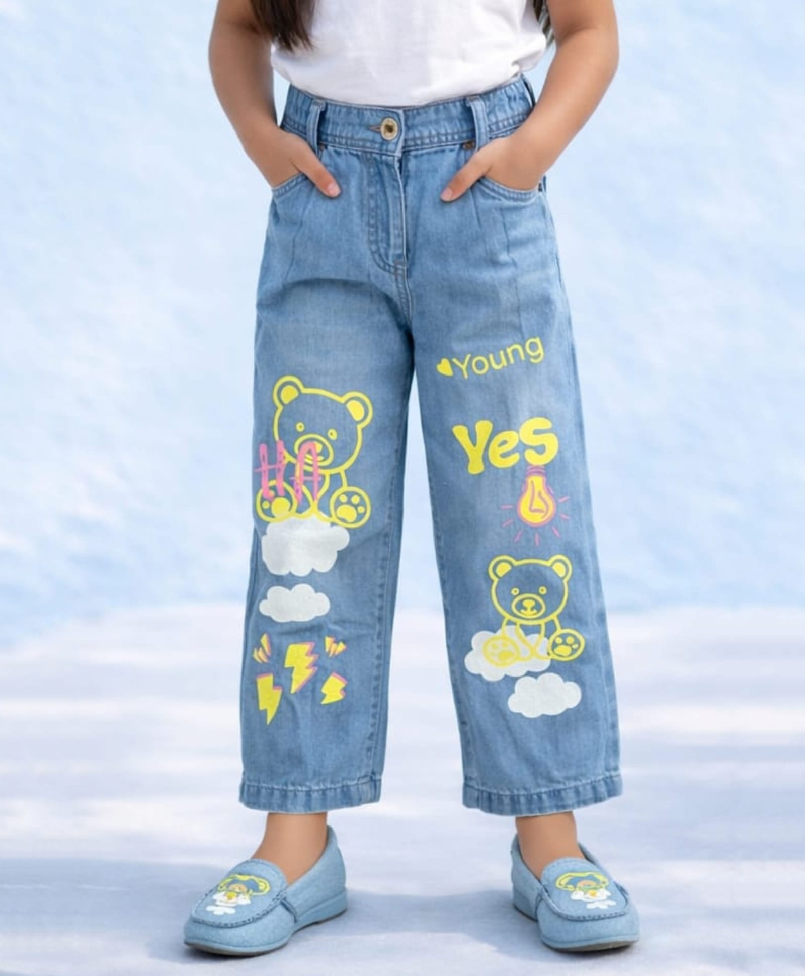 Tiny Girl Denim Woven Teddy Bear Printed Jeans - Light Blue-picture-13