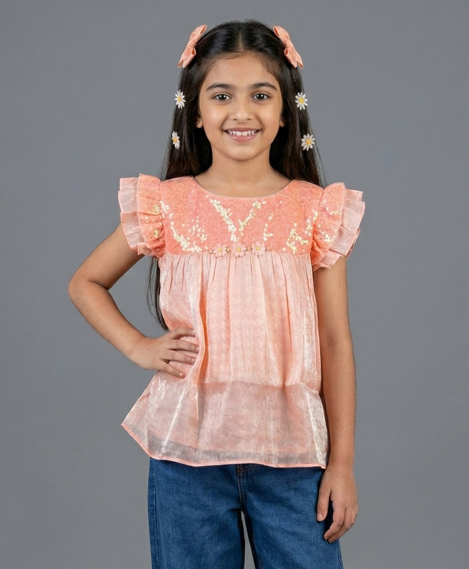 Tiny Girl Woven Frill Sleeves Sequins Embellished Floral Applique Detailed Top - Peach-picture-25