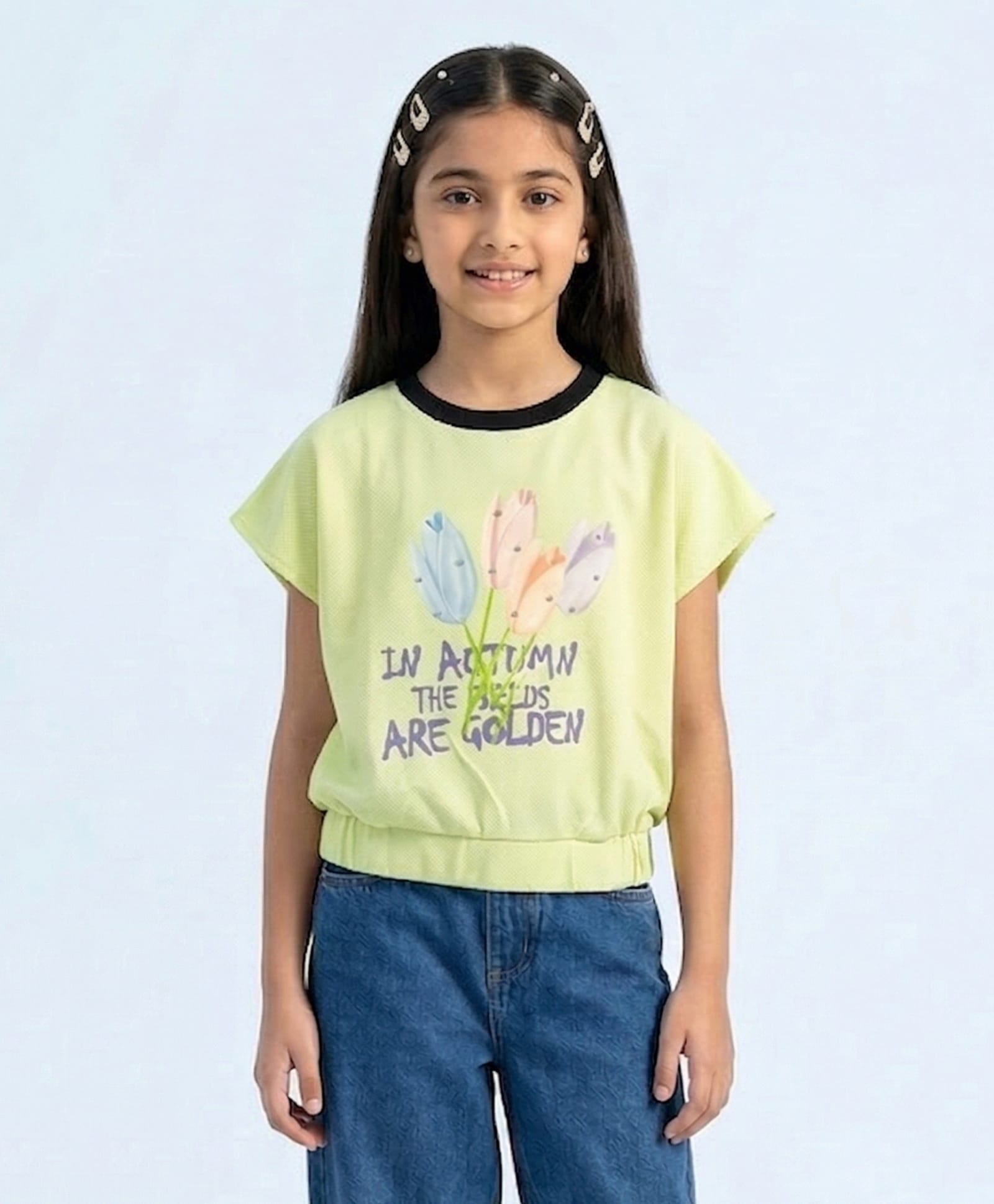 Tiny Girl Woven Half Sleeves Floral & Typography Printed Top - Mint Green-picture-37