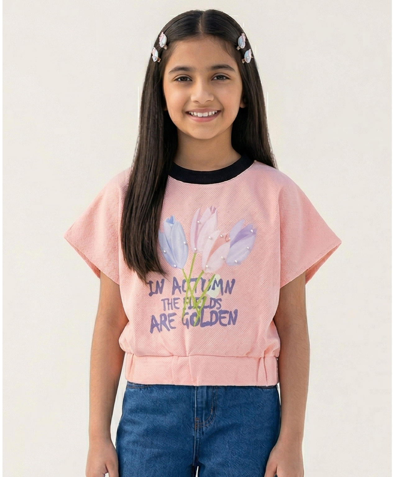 Tiny Girl Woven Half Sleeves Floral & Typography Printed Top - Peach-picture-16
