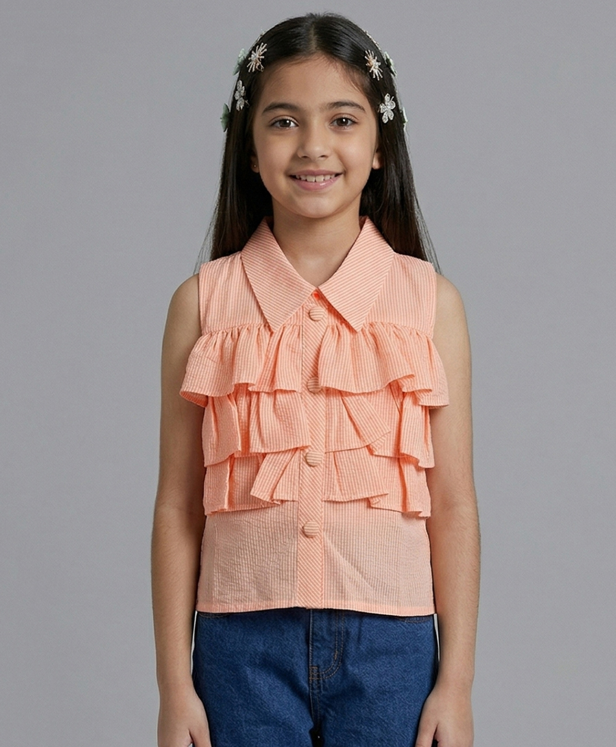 Tiny Girl Woven Sleeveless Striped & Frill Detailed Top - Orange-picture-39