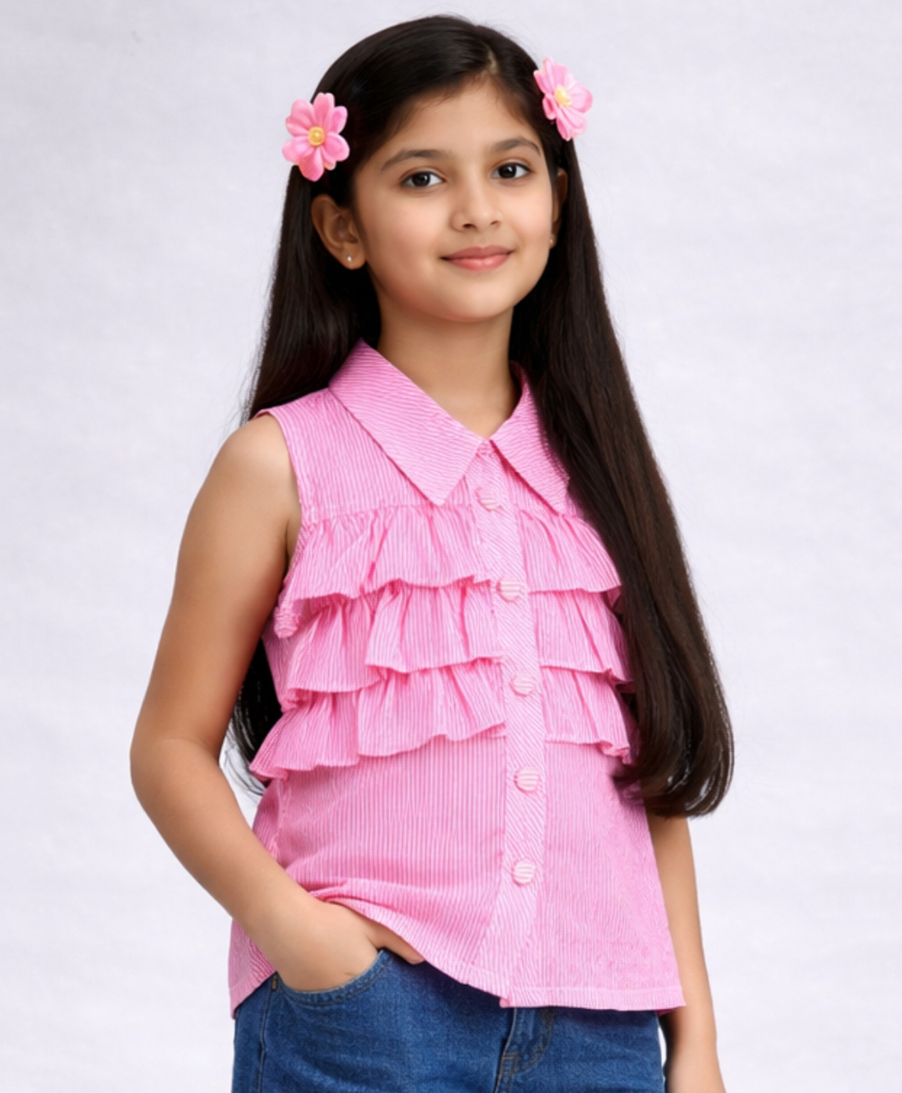 Tiny Girl Woven Sleeveless Striped & Frill Detailed Top - Pink-picture-22