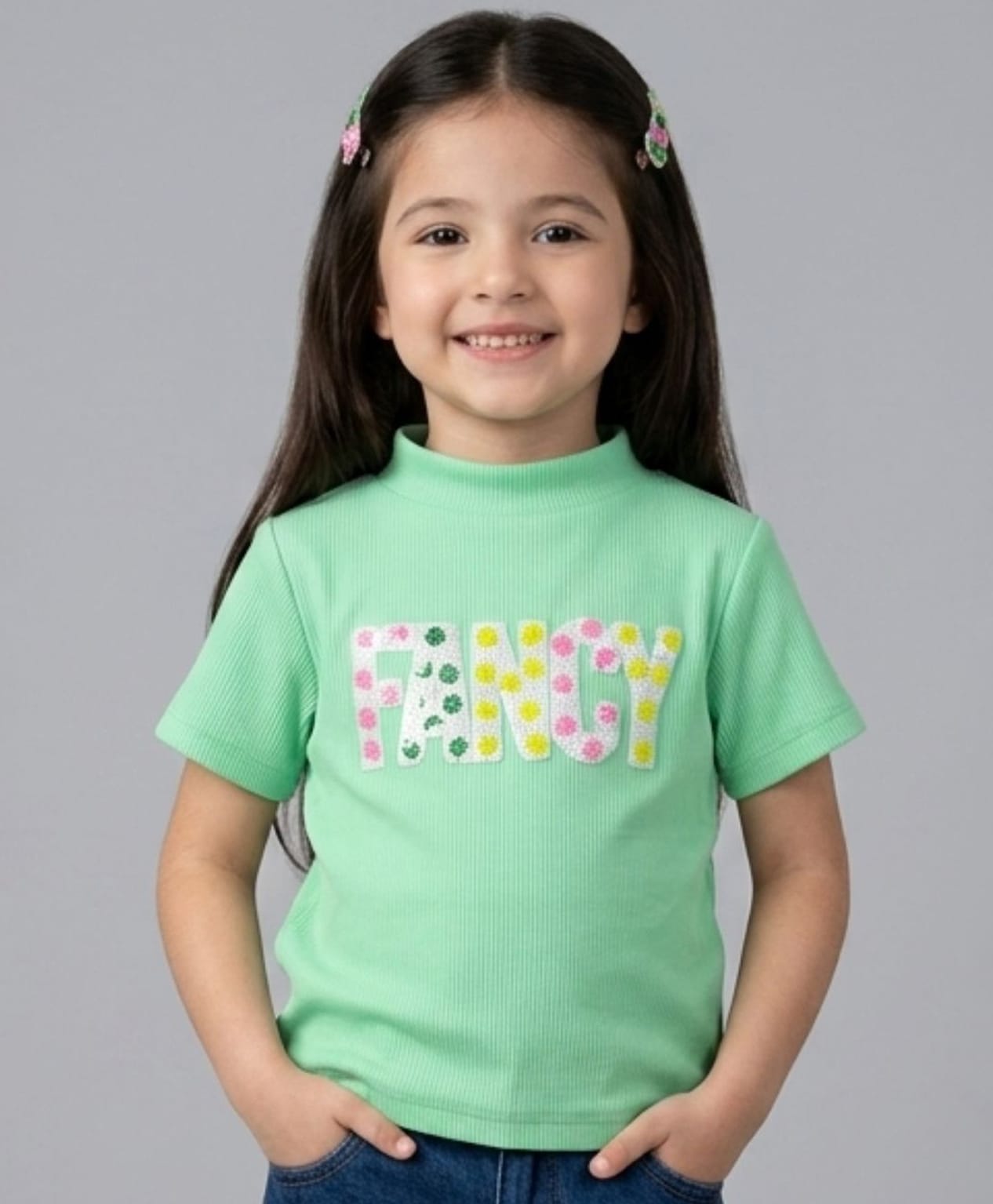 Tiny Girl Knit Half Sleeves Fancy Text Patch Detailed Top - Green-picture-24