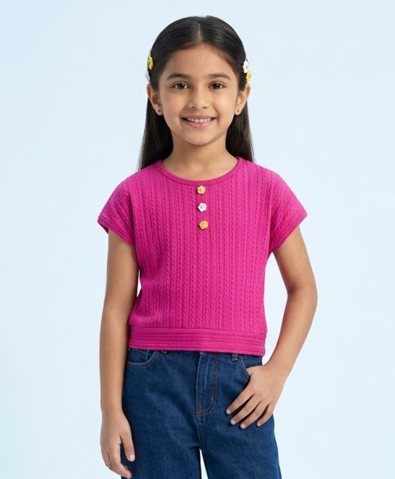 Tiny Girl Woven Half Sleeves Floral Applique Detailed Top - Pink-picture-26