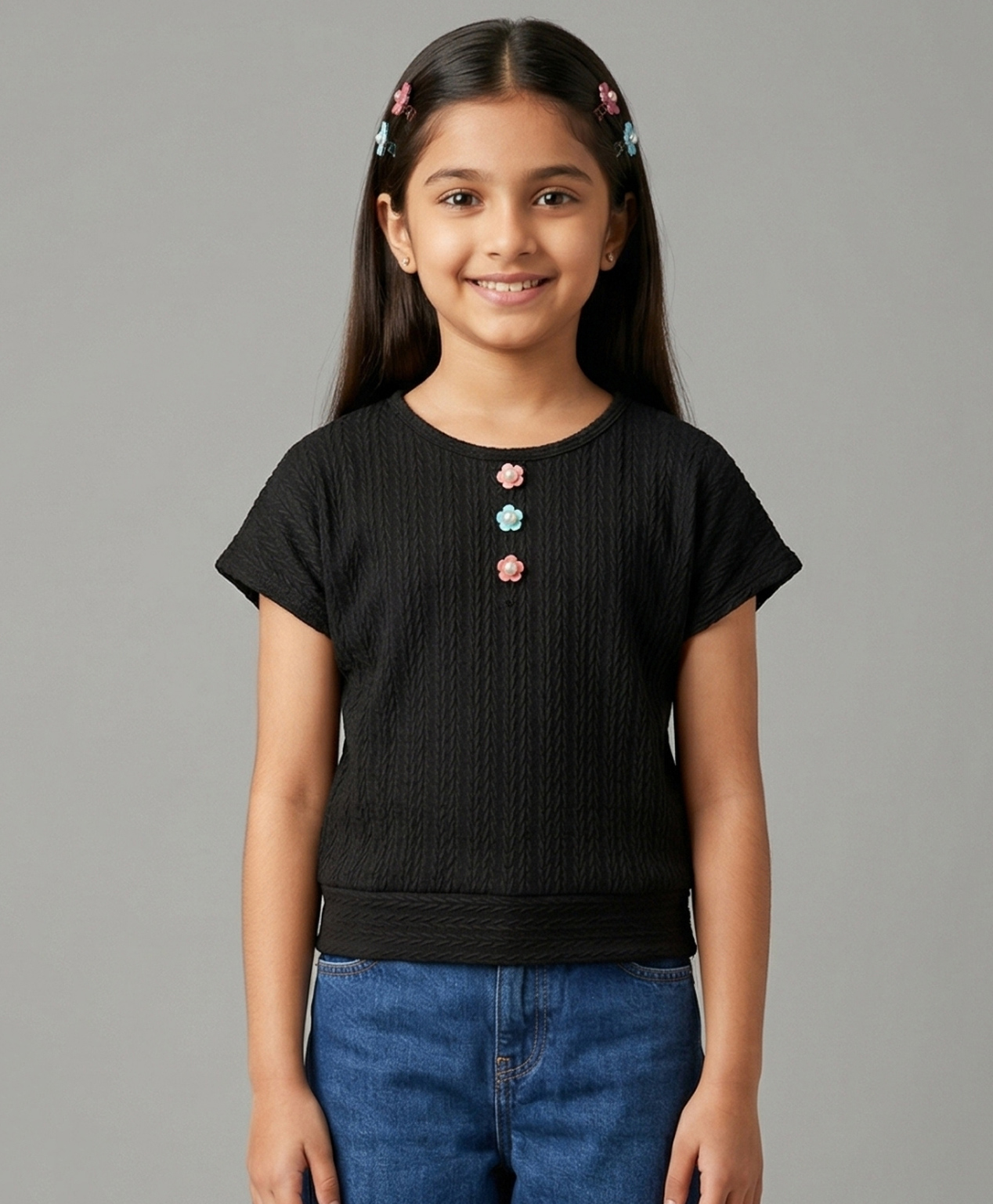 Tiny Girl Woven Top Half Sleeves Textured Top - Black-picture-10