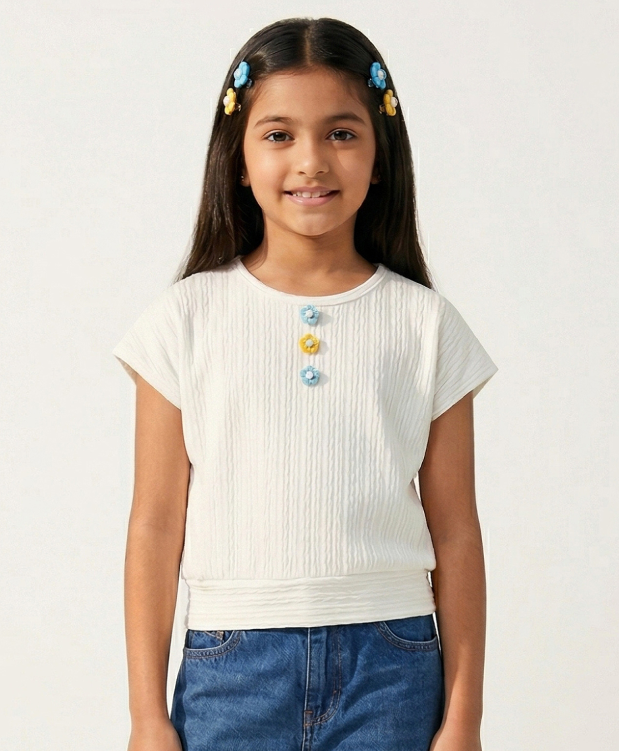 Tiny Girl Woven Top Half Sleeves Textured Top - White-image-42