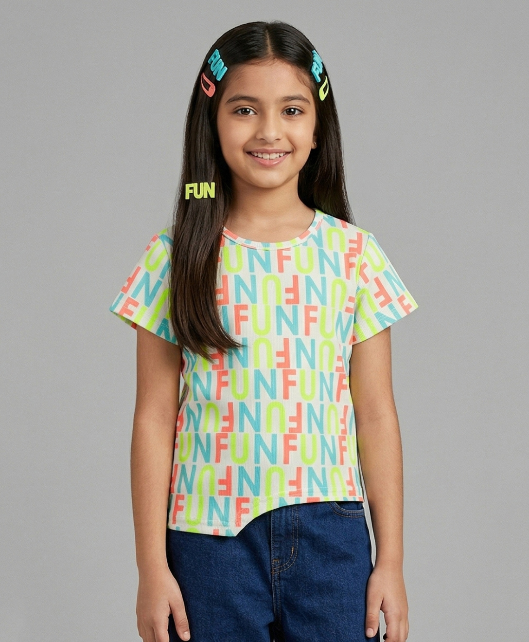 Tiny Girl Cotton Woven Half Sleeves Fun Text Printed Top - Neon Green-image-33