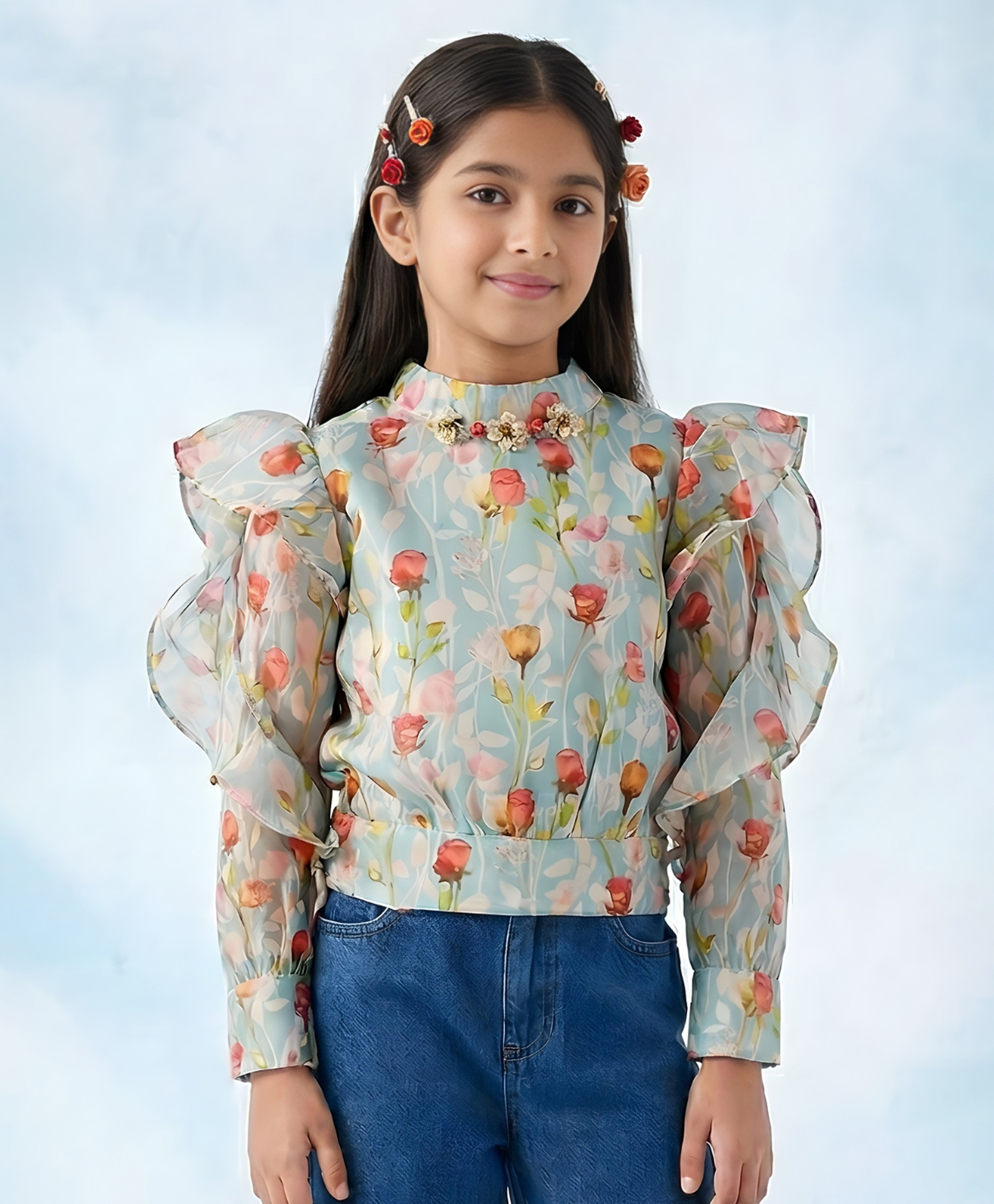 Tiny Girl Woven Full Sleeves Floral Printed Top - Blue-picture-26