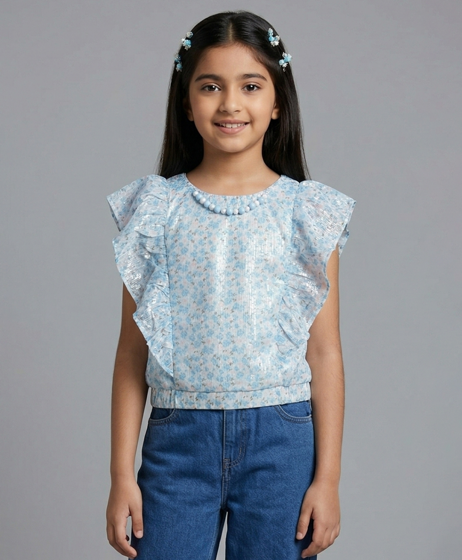 Tiny Girl Woven Frill Sleeves Floral Printed Top - Blue-picture-36