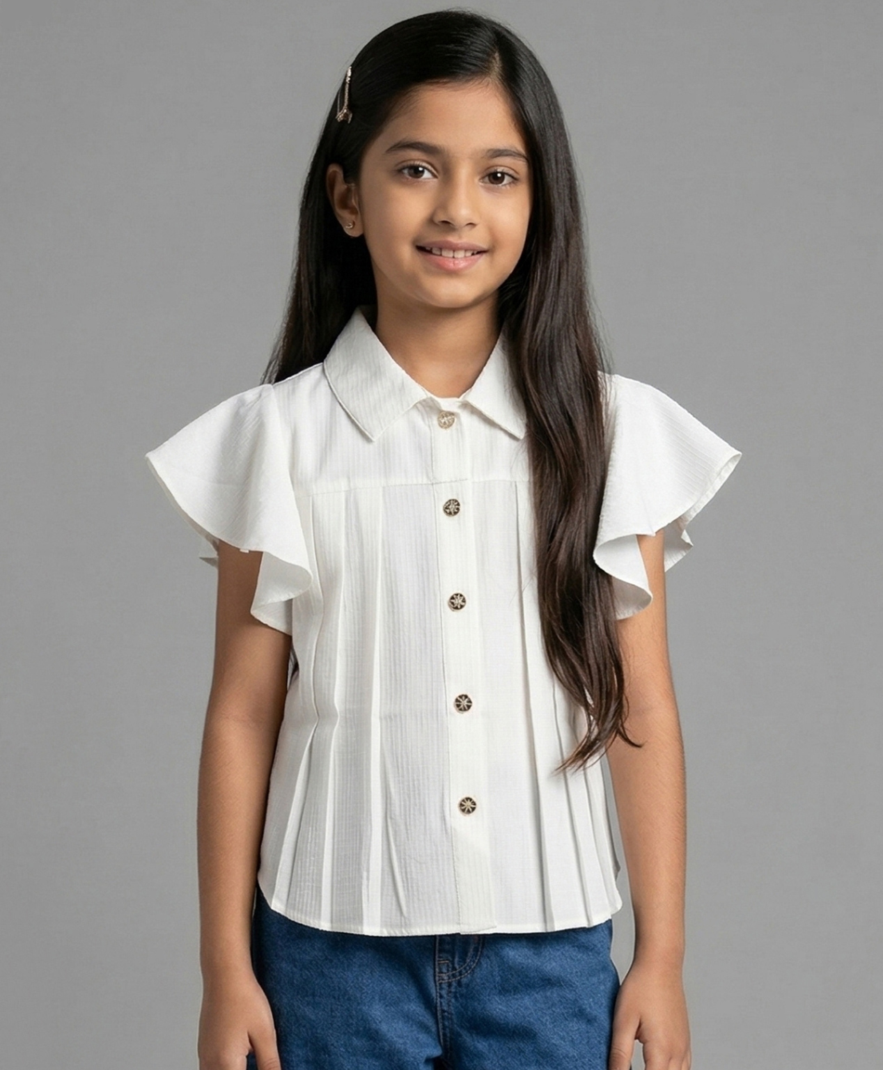 Tiny Girl Woven Half Flutter Sleeves Pintuck Detailed Top - White-picture-19
