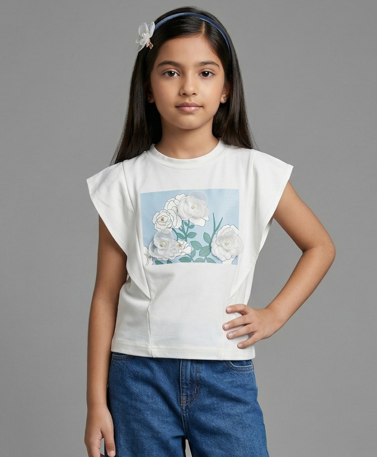 Tiny Girl Knit Half Sleeves Floral Applique & Printed Top - White-picture-34
