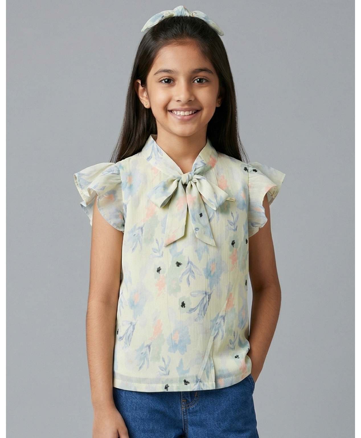Tiny Girl Woven Frill Sleeves Floral Printed Top - Mint Green-picture-15