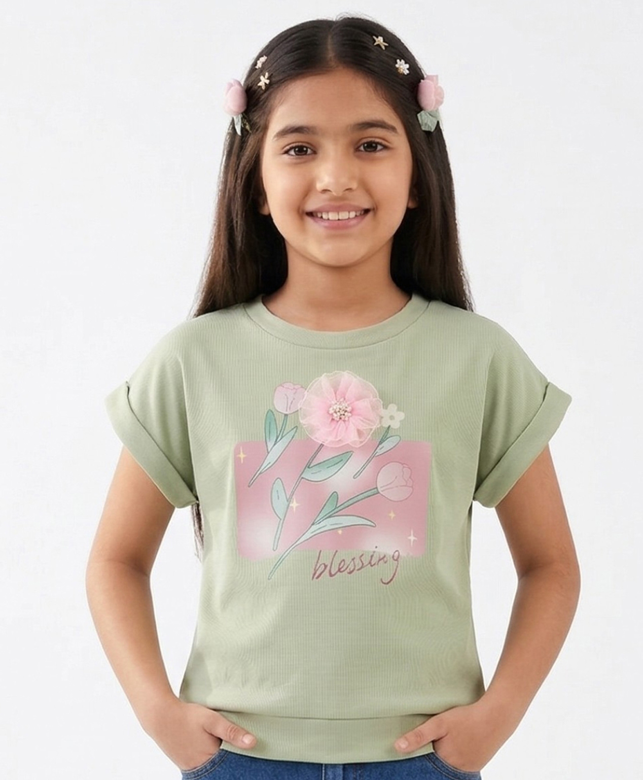 Tiny Girl Woven Half Sleeves Floral Applique & Printed Top - Green-picture-20