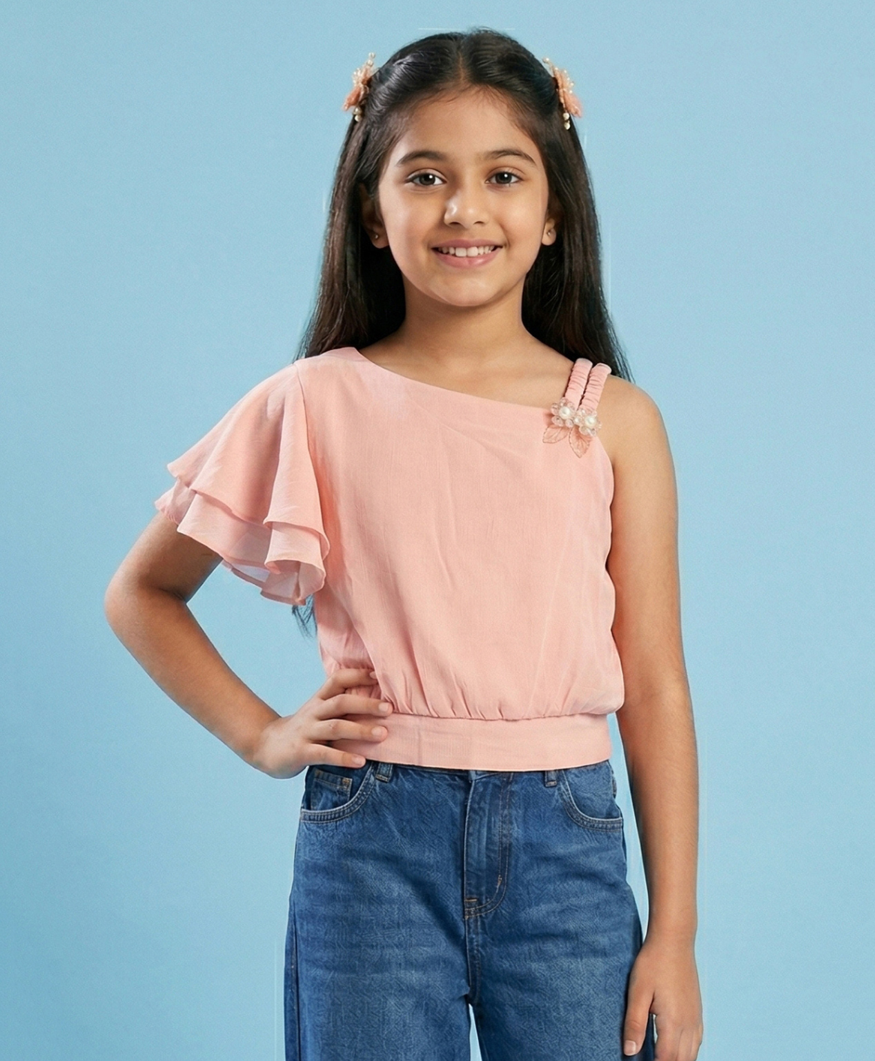 Tiny Girl Woven Half Flutter Sleeves Floral Applique Detailed Top -Pink-picture-29