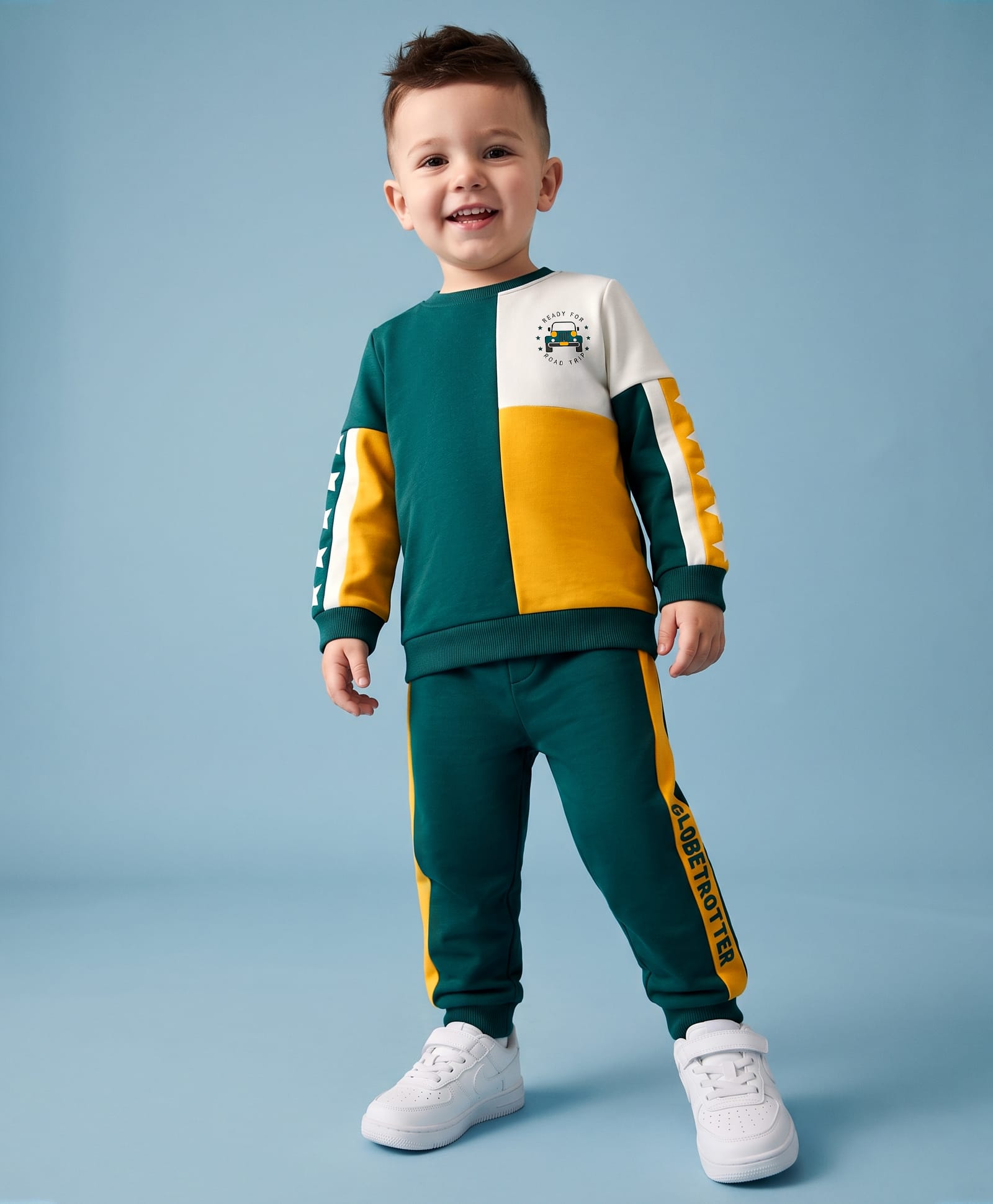 Babyhug 100% Cotton Knit Full Sleeves Vehicles & Text Printed Cut N Sew Sweatshirt & Joggers Set - Green & Yellow-image-6
