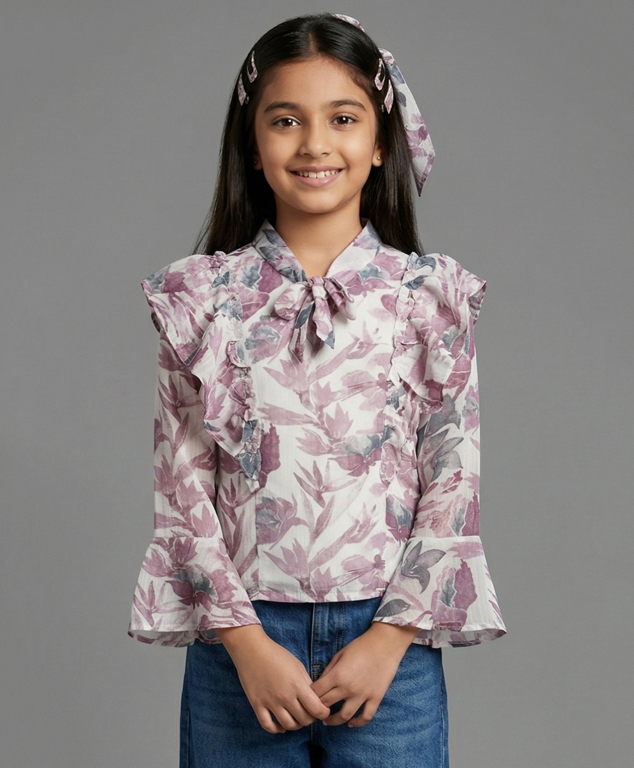 Tiny Girl Woven Full Bell Sleeves Abstract Printed Frill Detailed Top - Wine-picture-38