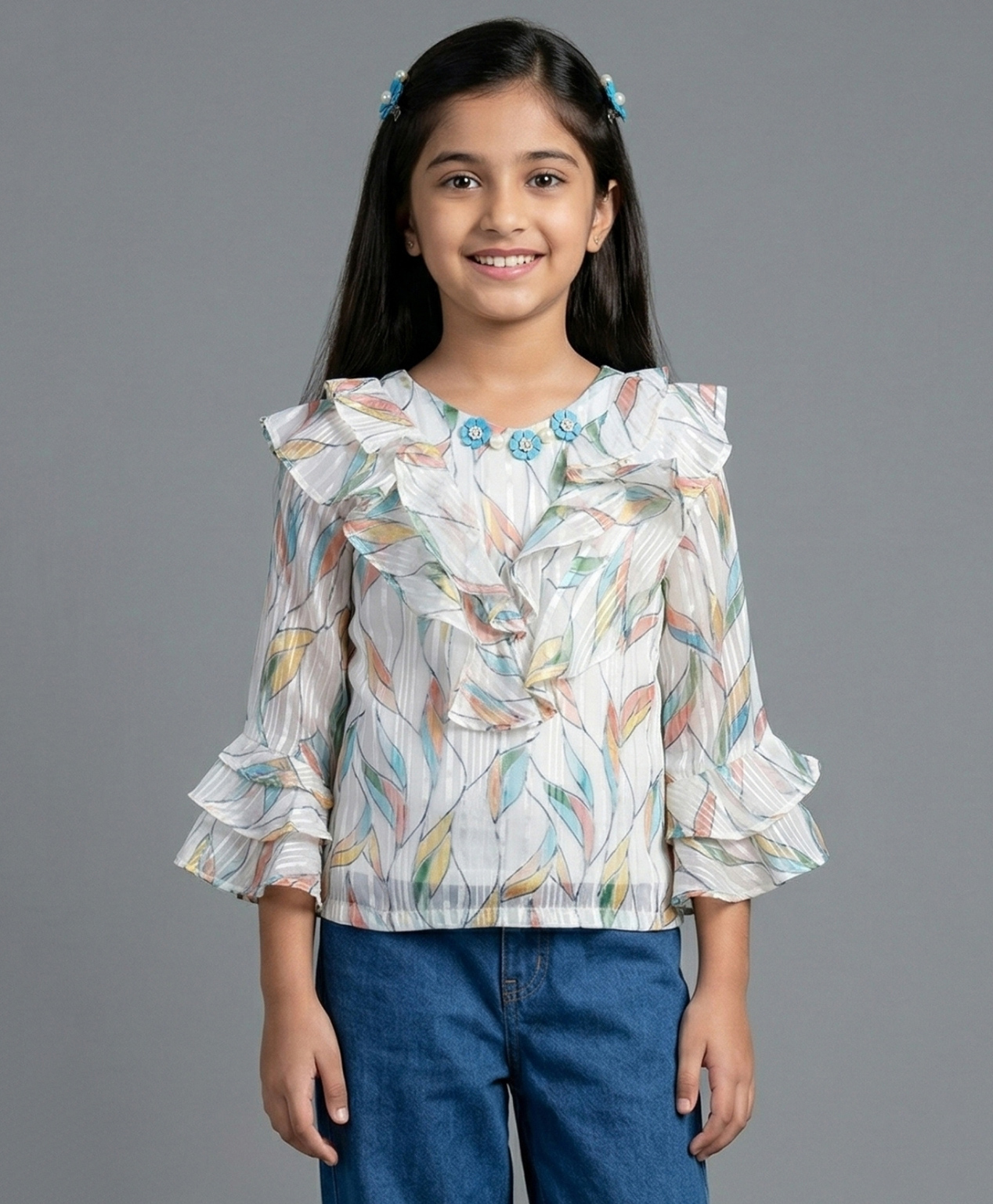 Tiny Girl Woven Full Sleeves Leaves Printed Frill Detailed Top - White-picture-39