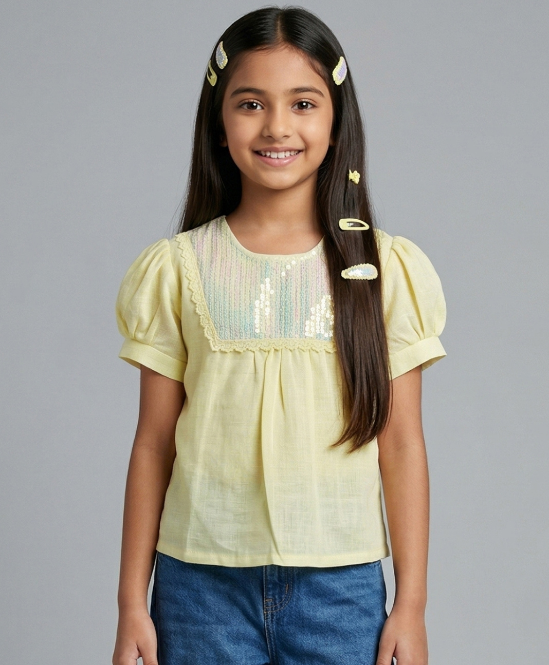 Tiny Girl Cotton Woven Half Puffed Sleeves Sequins Embellished Top - Yellow-picture-17