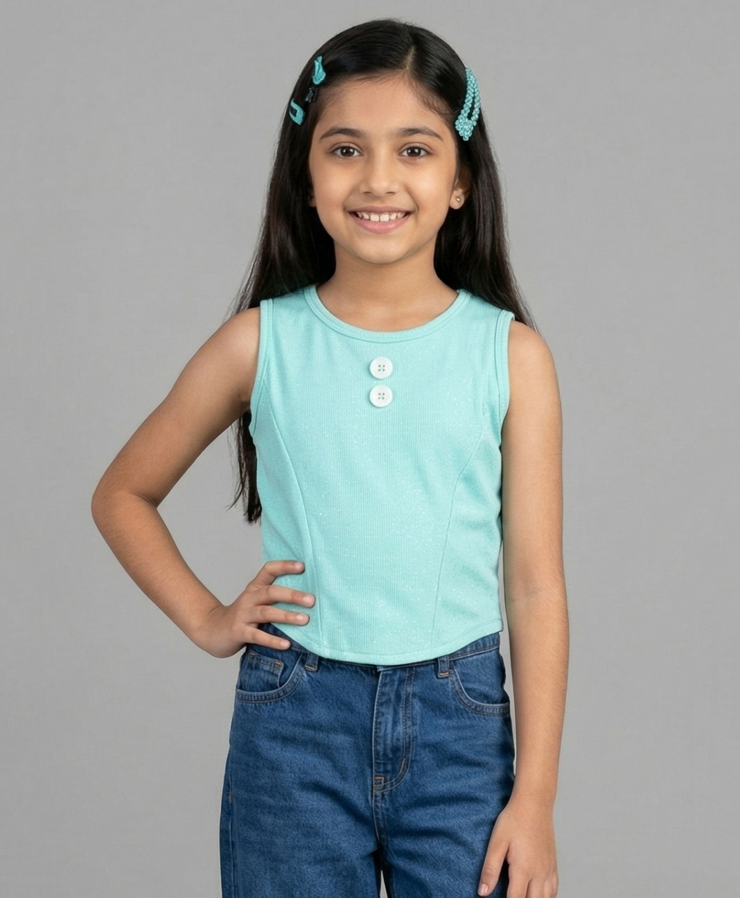 Tiny Girl Cotton Knit Sleeveless Button Detailed Top - Aqua Blue-image-17