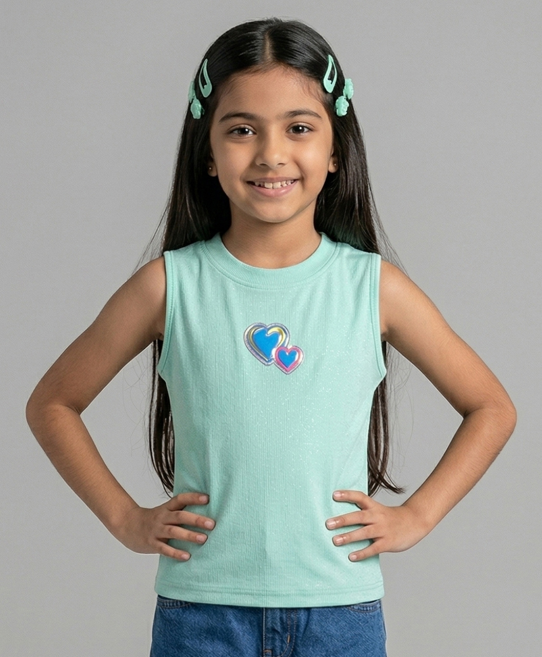 Tiny Girl Cotton Knit Sleeveless Heart Patch Detailed Top - Aqua Blue-picture-26
