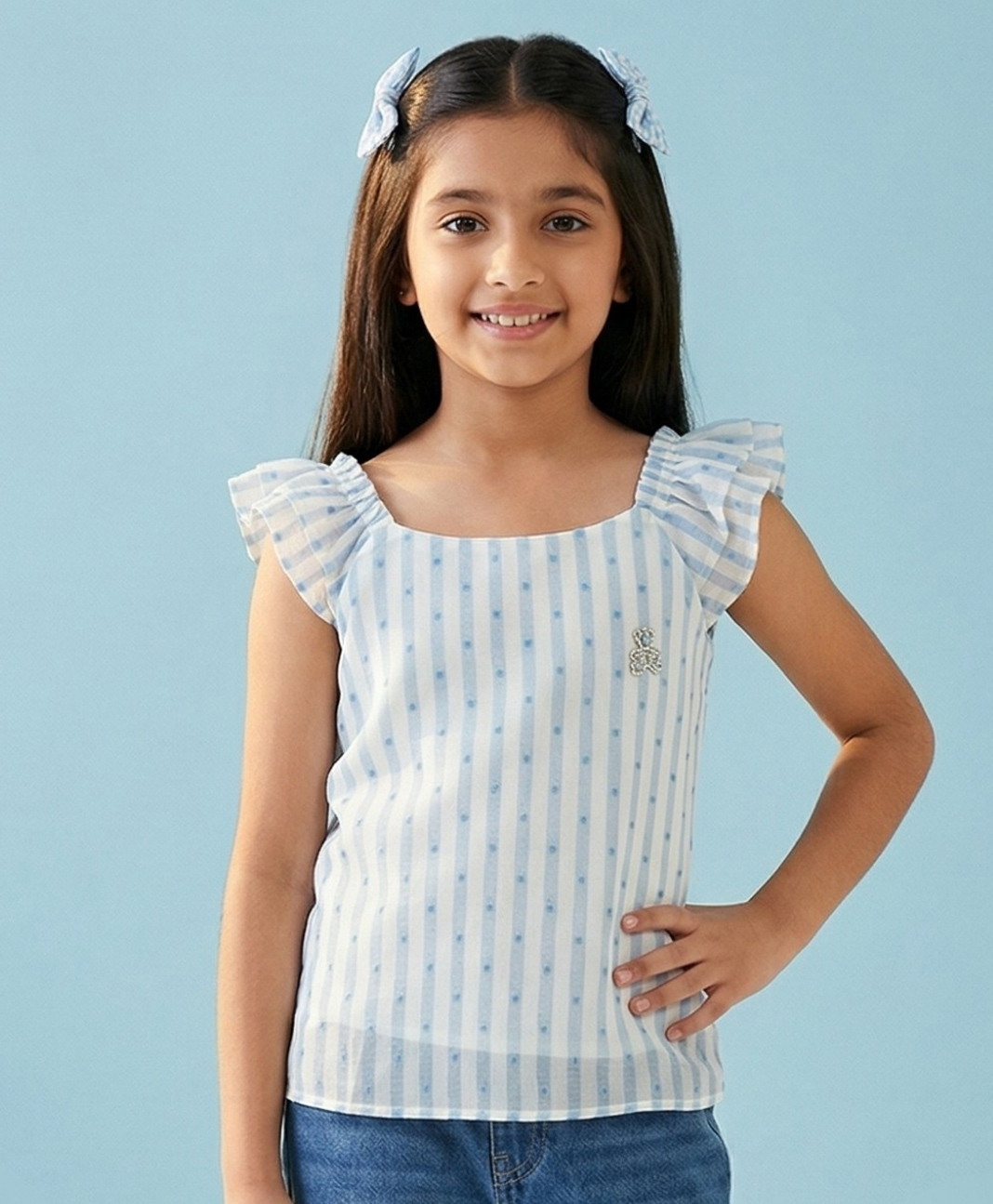 Tiny Girl Woven Frill Sleeves Striped Top - Blue-picture-19