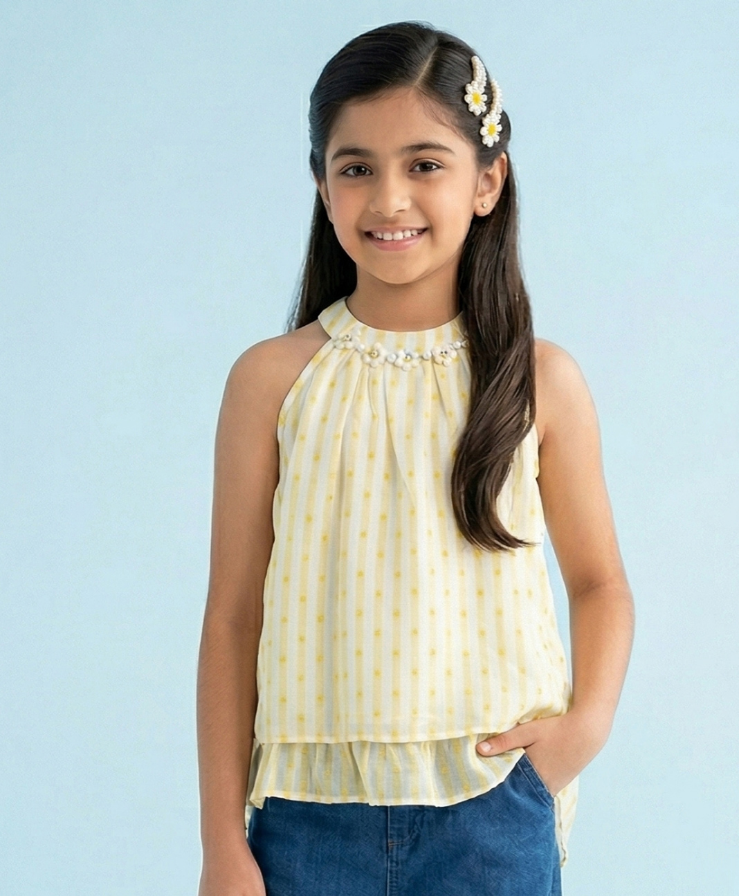 Tiny Girl Cotton Woven Sleeveless Striped Top - Yellow-picture-26