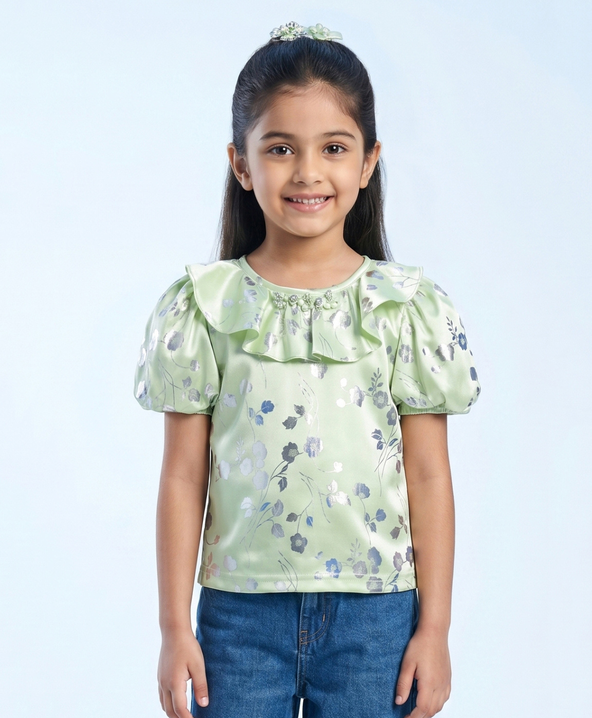 Tiny Girl Knit Half Puffed Sleeves Floral Foil Printed Frill Detailed Top - Mint Green-picture-24