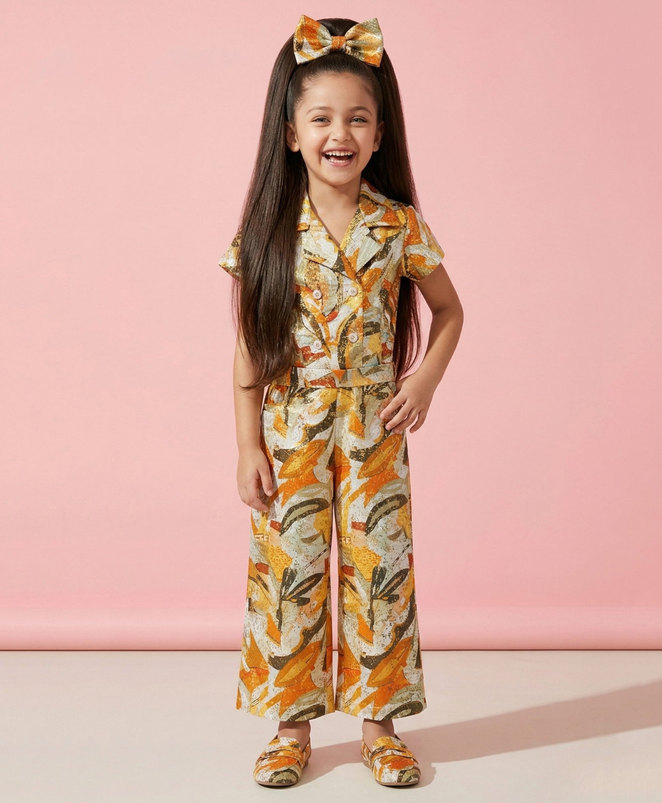 Tiny Girl Woven Half Sleeves Abstract Printed Jumpsuit - Mustard-picture-24