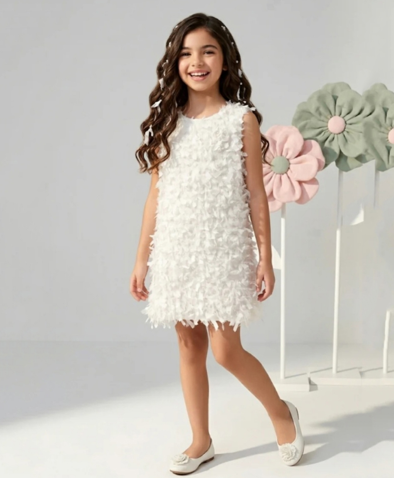 Tiny Girl Woven Sleeveless Floral Applique Applique Dress - White-picture-24