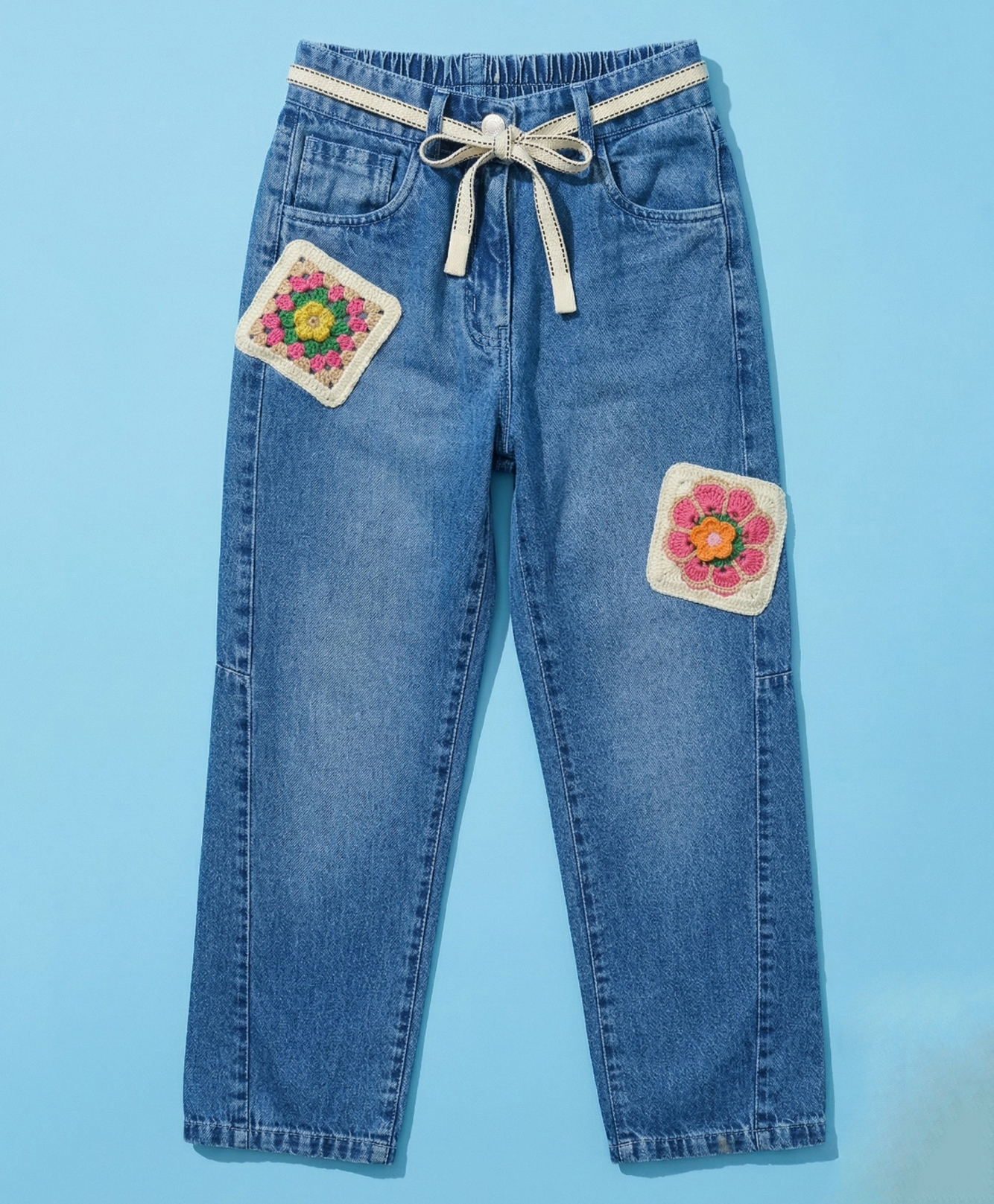 Tiny Girl Cotton Woven Granny Square Patch Detailed Mild Washed Jeans - Light Blue-picture-15