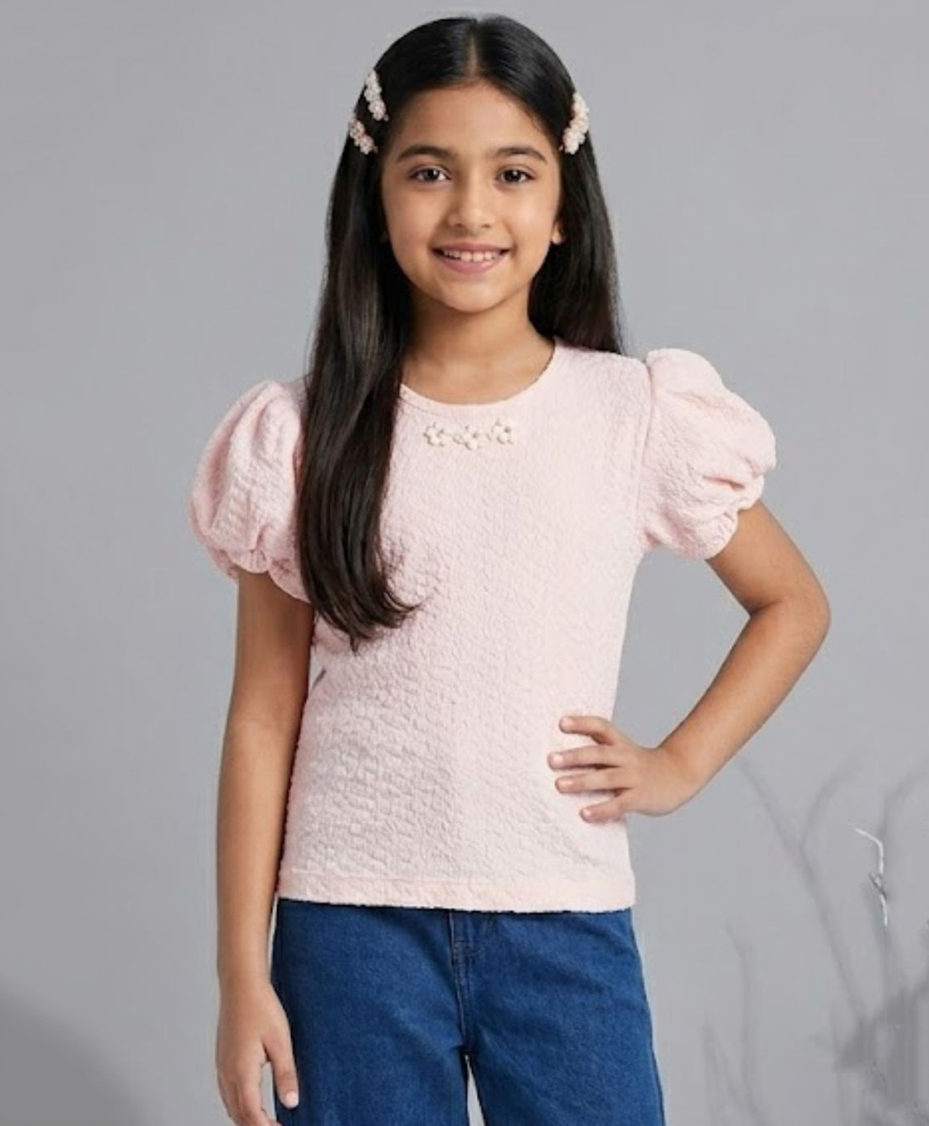 Tiny Girl Knit Half Puffed Sleeves Textured Top - Pink-picture-22