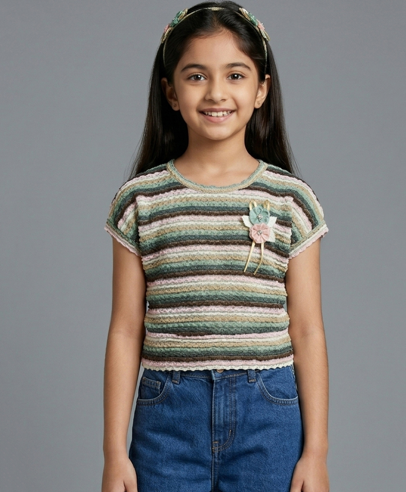 Tiny Girl Knit Half Sleeves Floral Applique Detailed Top - Mint Green-image-39