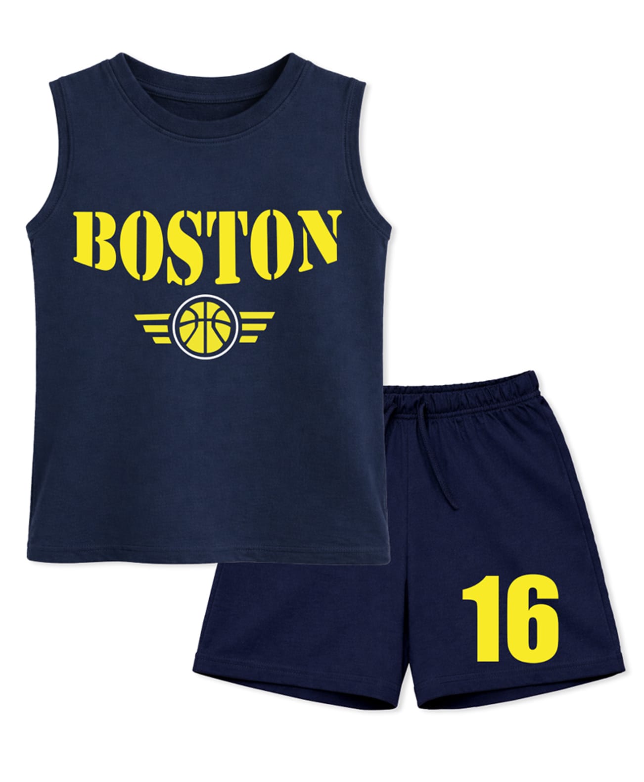 BLUSHES 100% Cotton Knit Sleeveless Boston Text Printed Tee & Shorts Set - Airforce Navy Blue-picture-16