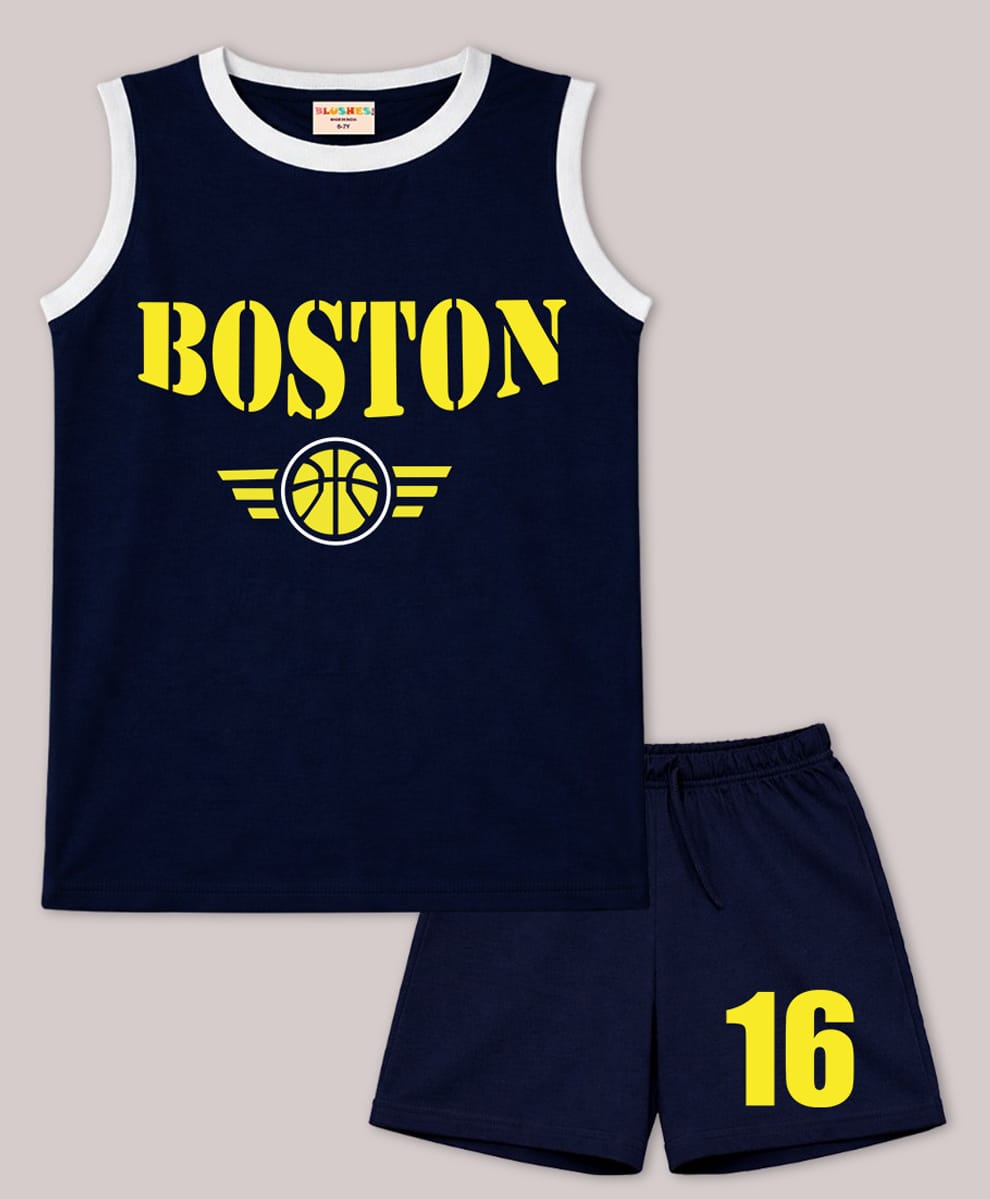BLUSHES 100% Cotton Knit Sleeveless Boston Text Printed & Trim Detailed Tee & Shorts Set - Navy Blue-picture-20