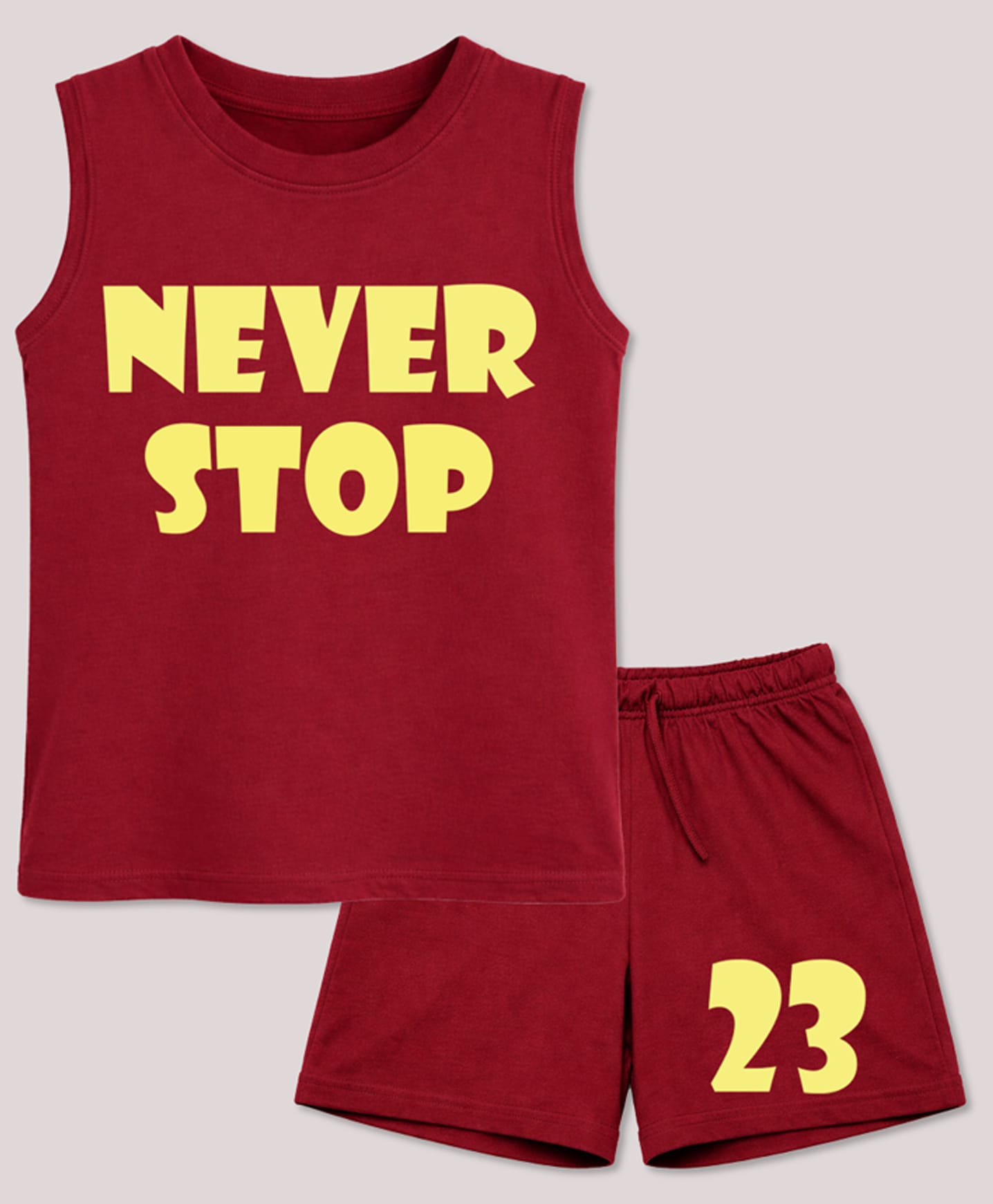 BLUSHES 100% Cotton Knit Sleeveless Never Stop Text Printed Tee & Shorts Set - Maroon-picture-20