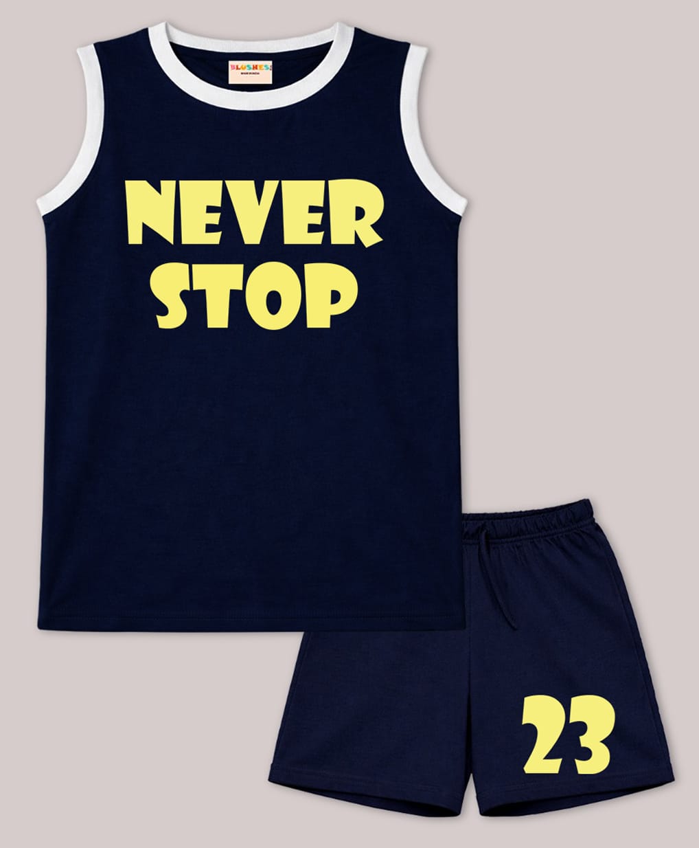 BLUSHES 100% Cotton Knit Sleeveless Never Stop Text Printed Tee & Shorts Set - Navy Blue-picture-12