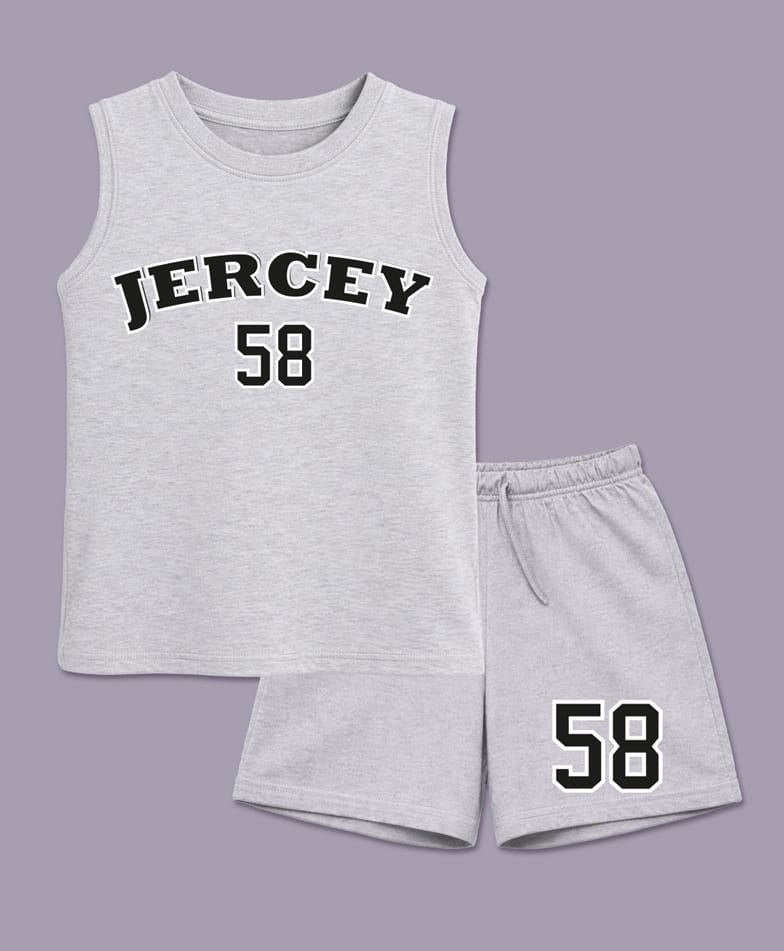 BLUSHES 100% Cotton Knit Sleeveless Jercey Text Printed Tee & Shorts Set - White Melange-image-40