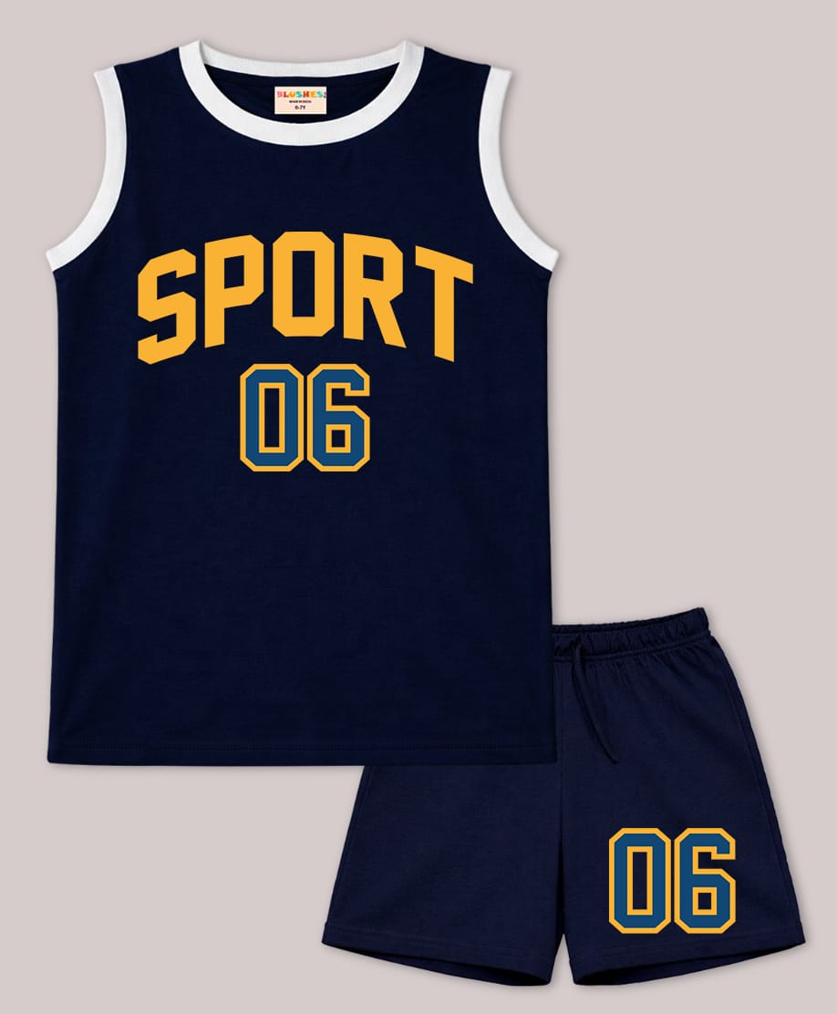 BLUSHES 100% Cotton Knit Sleeveless Sport Text Printed Tee & Shorts Set - Navy Blue-picture-23