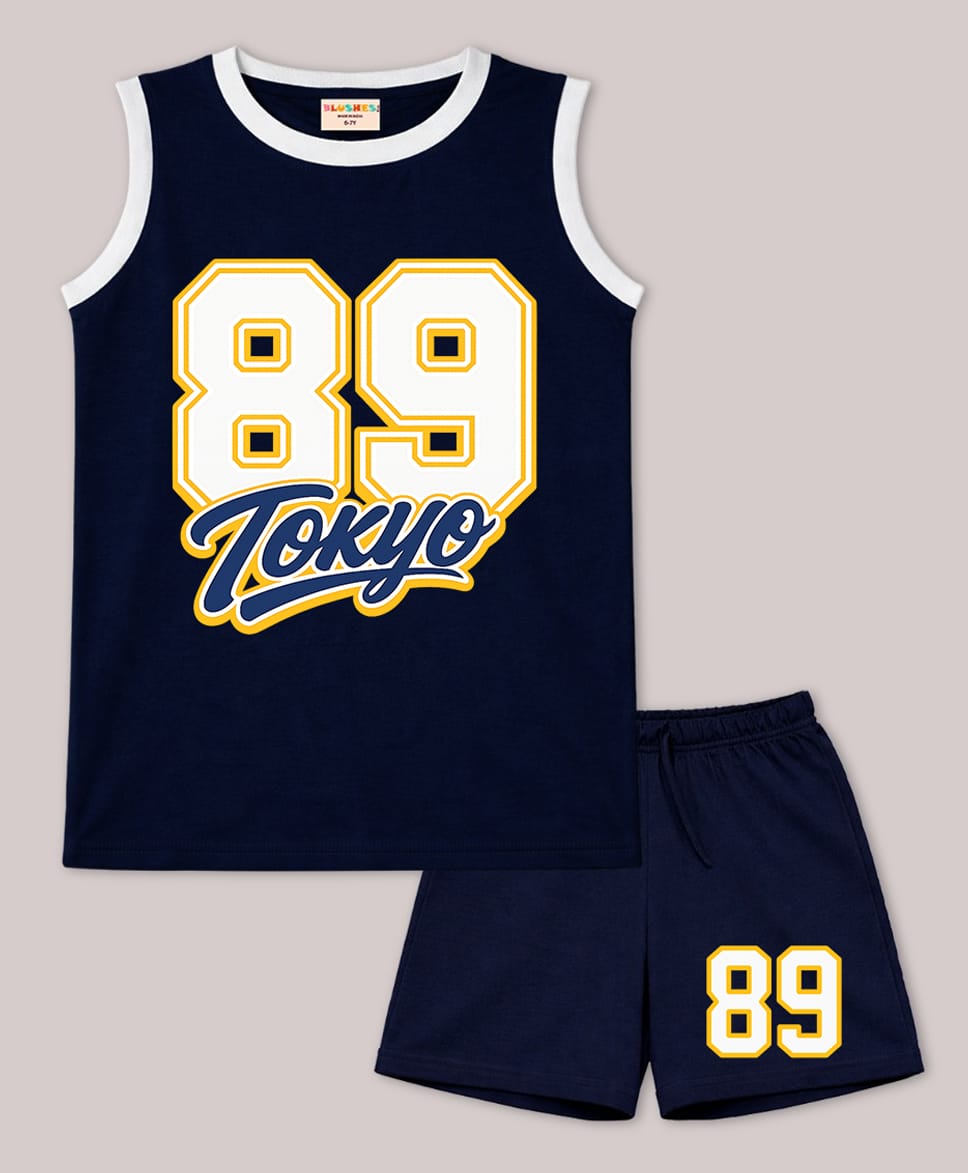 BLUSHES 100% Cotton Knit Half Sleeves 89 Number Printed Tee & Shorts Set - Navy Blue-image-41