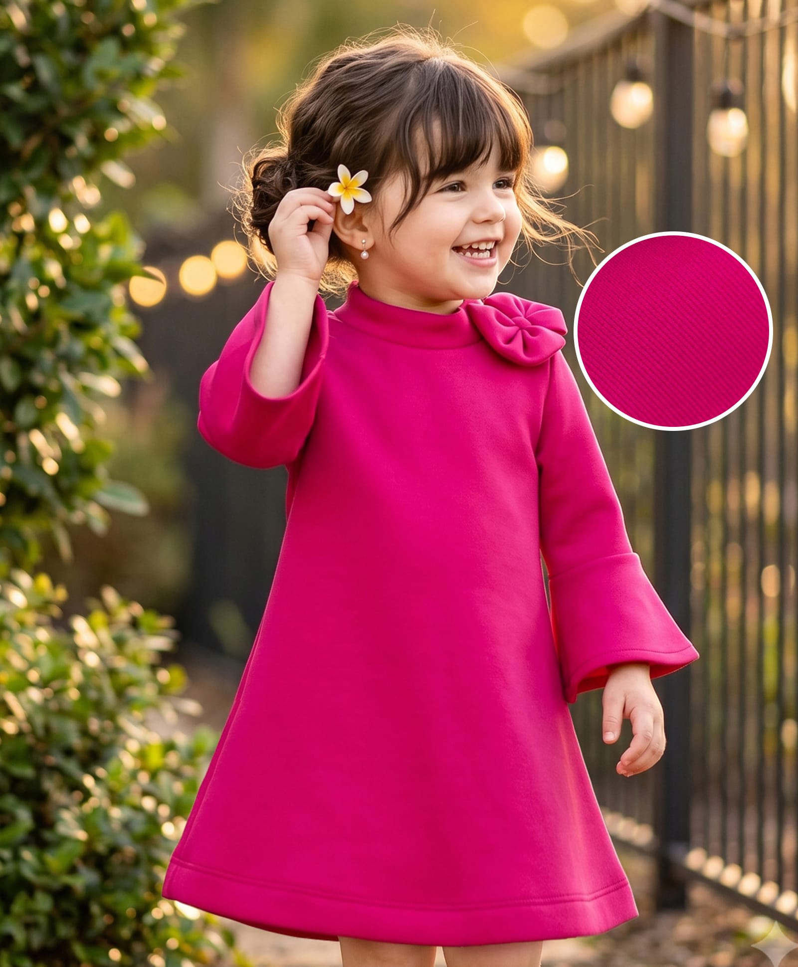 Mark & Mia Woven Scooba Full Bell Sleeves Solid Colour Party Dresses with Bow Applique - Dark Pink-picture-18