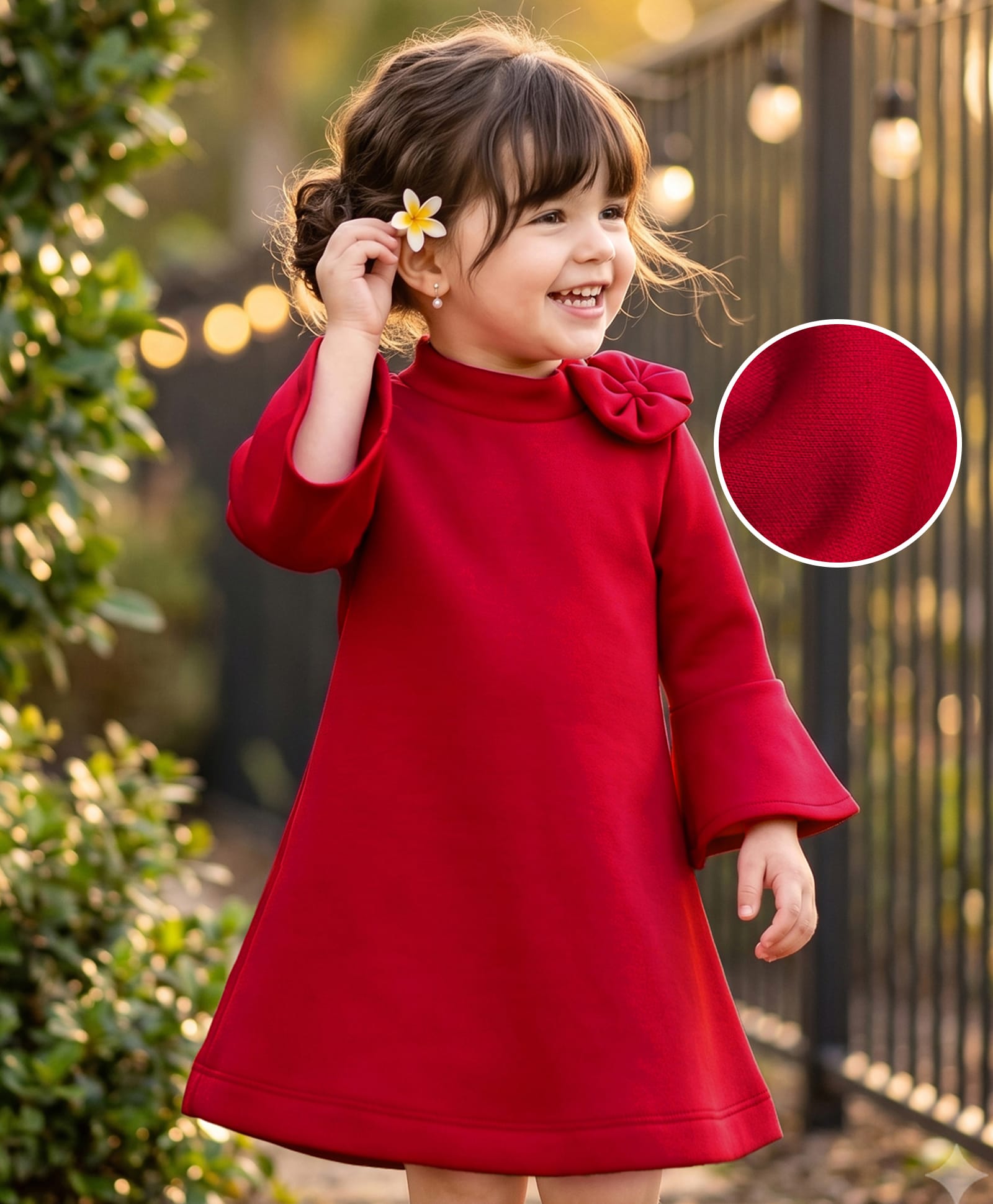 Mark & Mia Woven Scooba Full Bell Sleeves Solid Colour Party Dresses with Bow Applique - Red-image-33