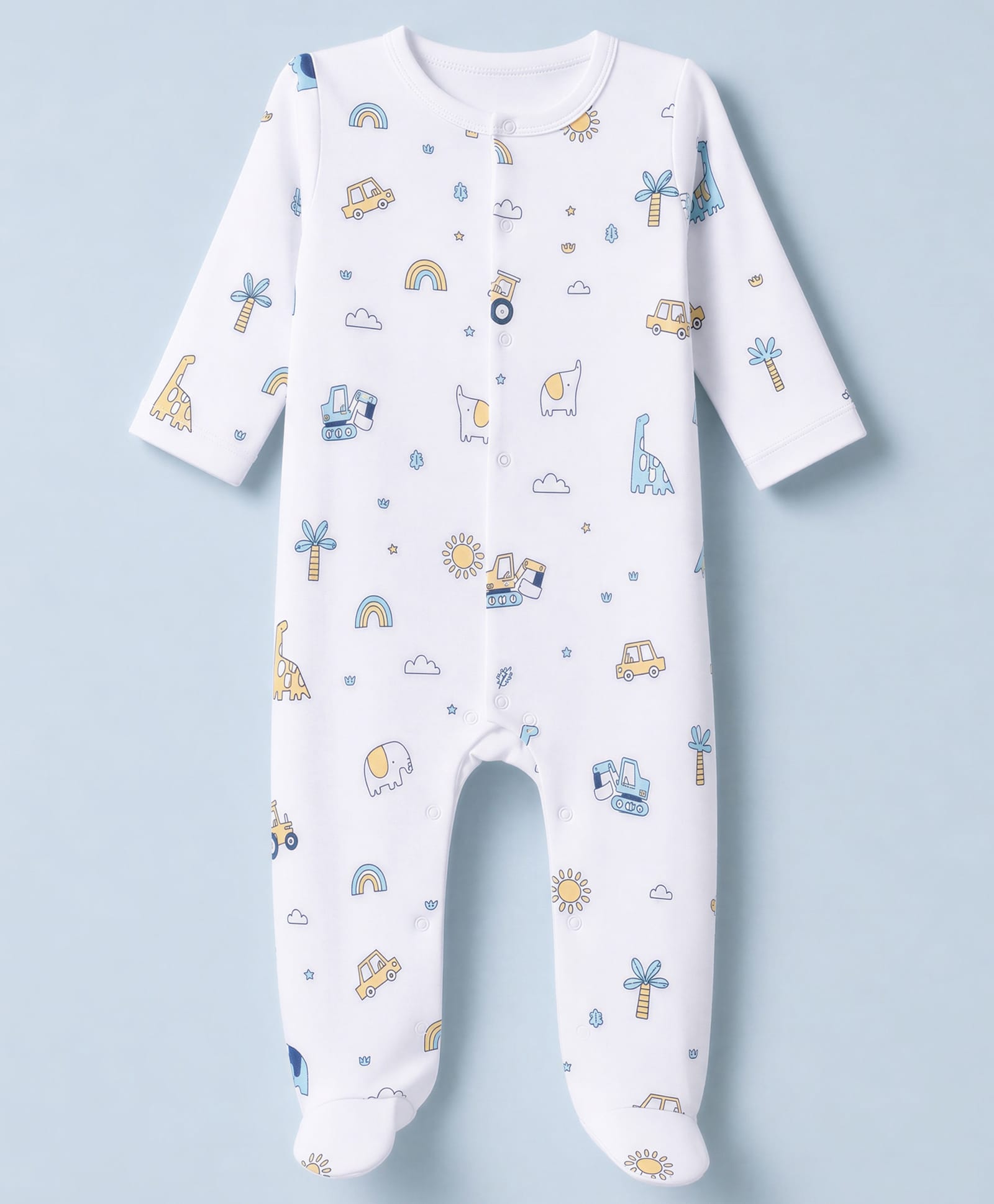Doodle Poodle 100% Cotton Interlock Knit Full Sleeves Sleep Suit with Animal Rainbow & Vehicle Print - White-picture-22