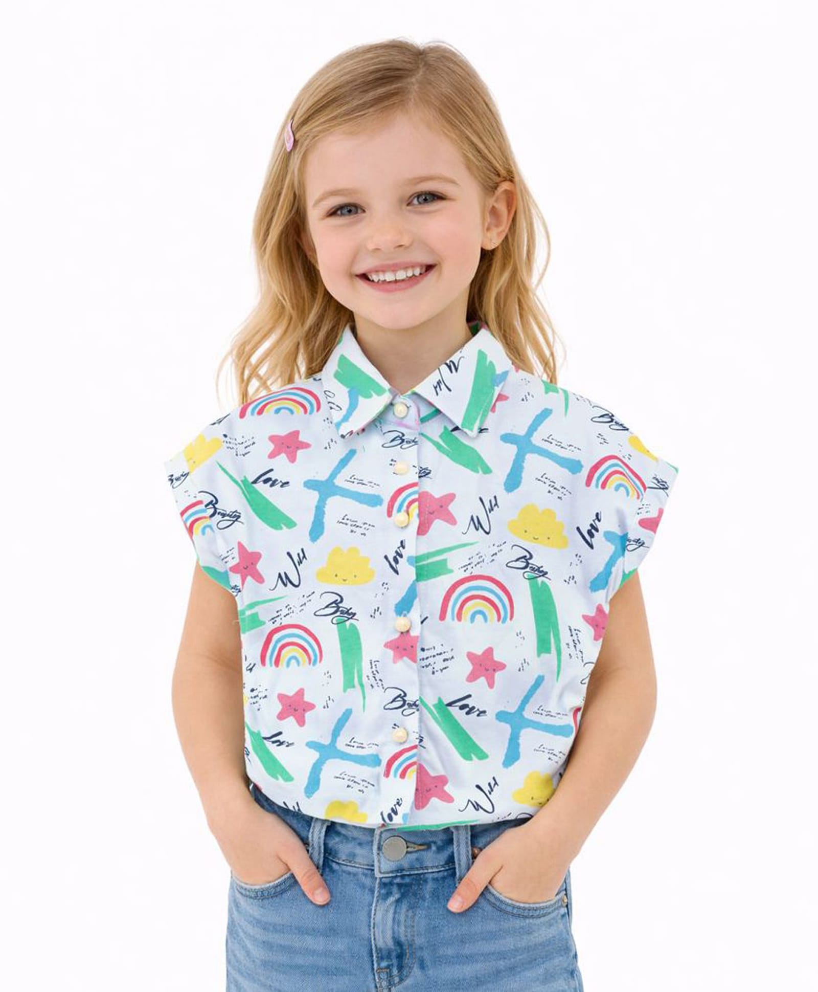 Sportking Cotton Blend Knit Half Sleeves Rainbow Printed Shirt Style Top - Off White-picture-7