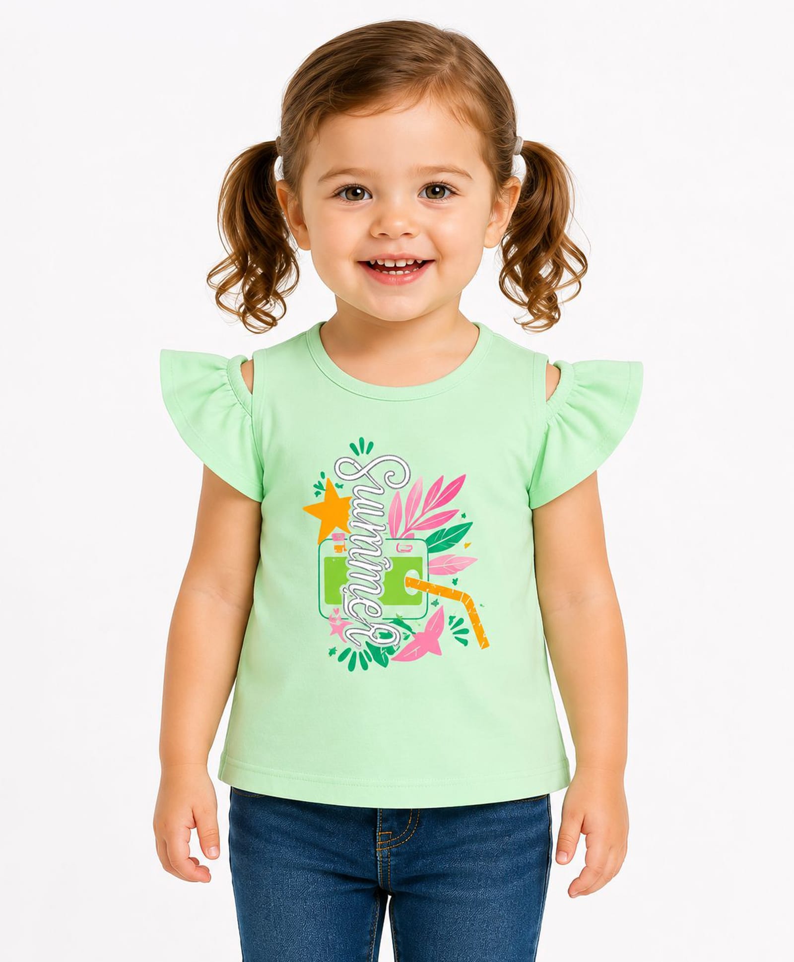 Sportking Cotton Blend Knit Cold Shoulder Half Sleeves Summer Text Printed Top - Light Green-picture-9